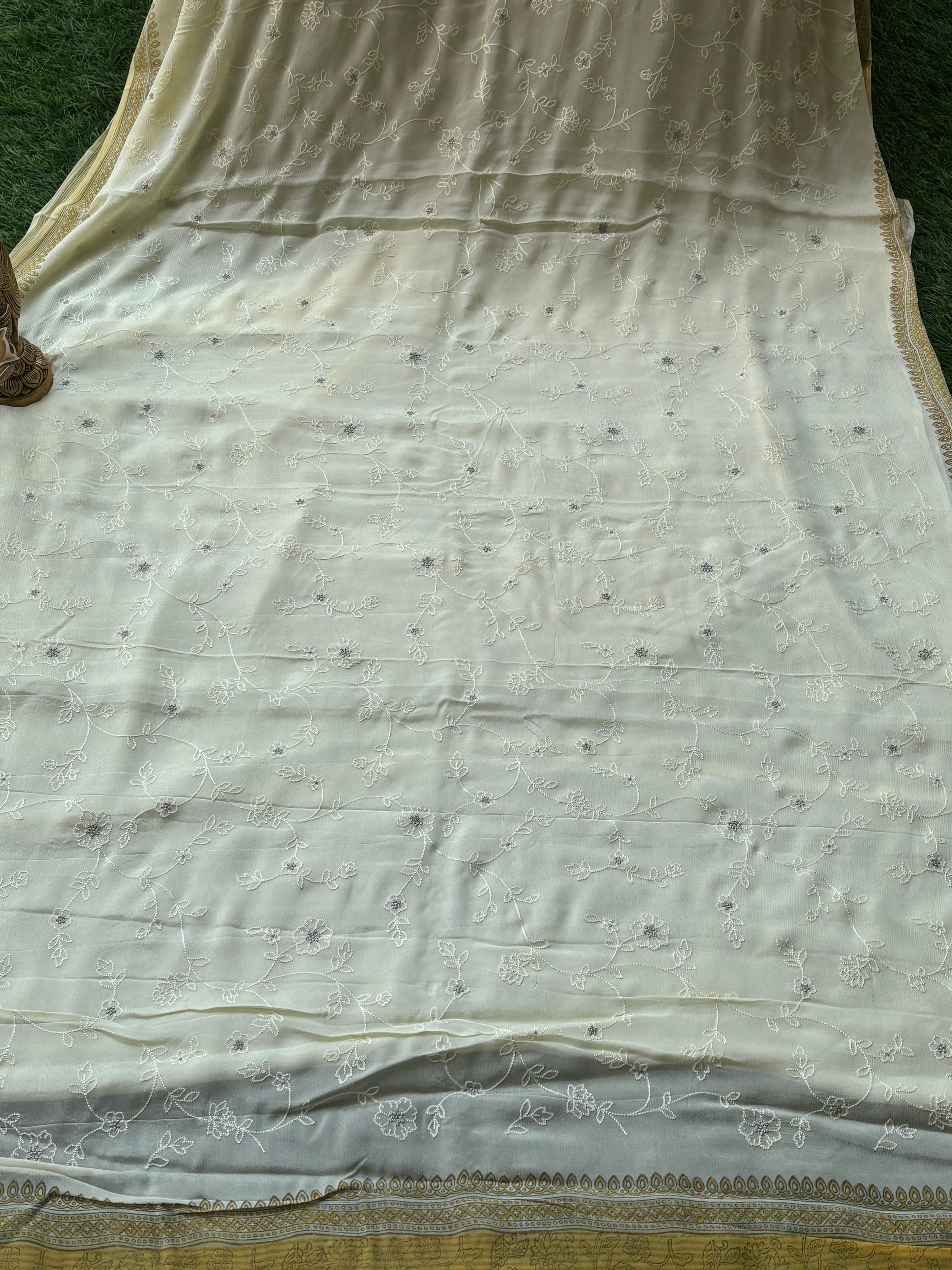 Lemon Yellow Chilia Silk Saree with Allover Silver Butta | Chandrika Lifestyles
