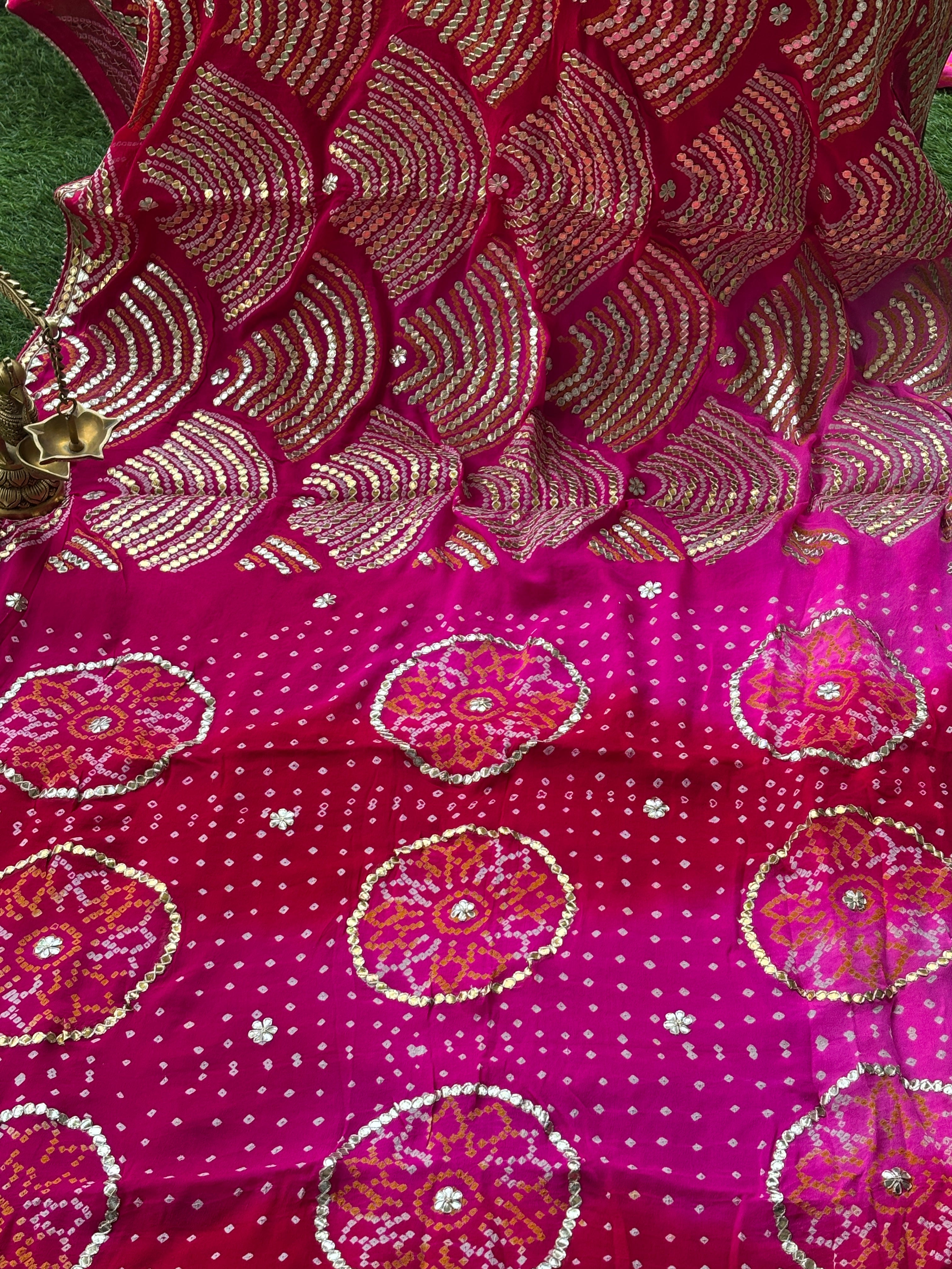 Red Pink Pure Chiffon Bandhej Saree with Boota Patti Border | Chandrika Lifestyles