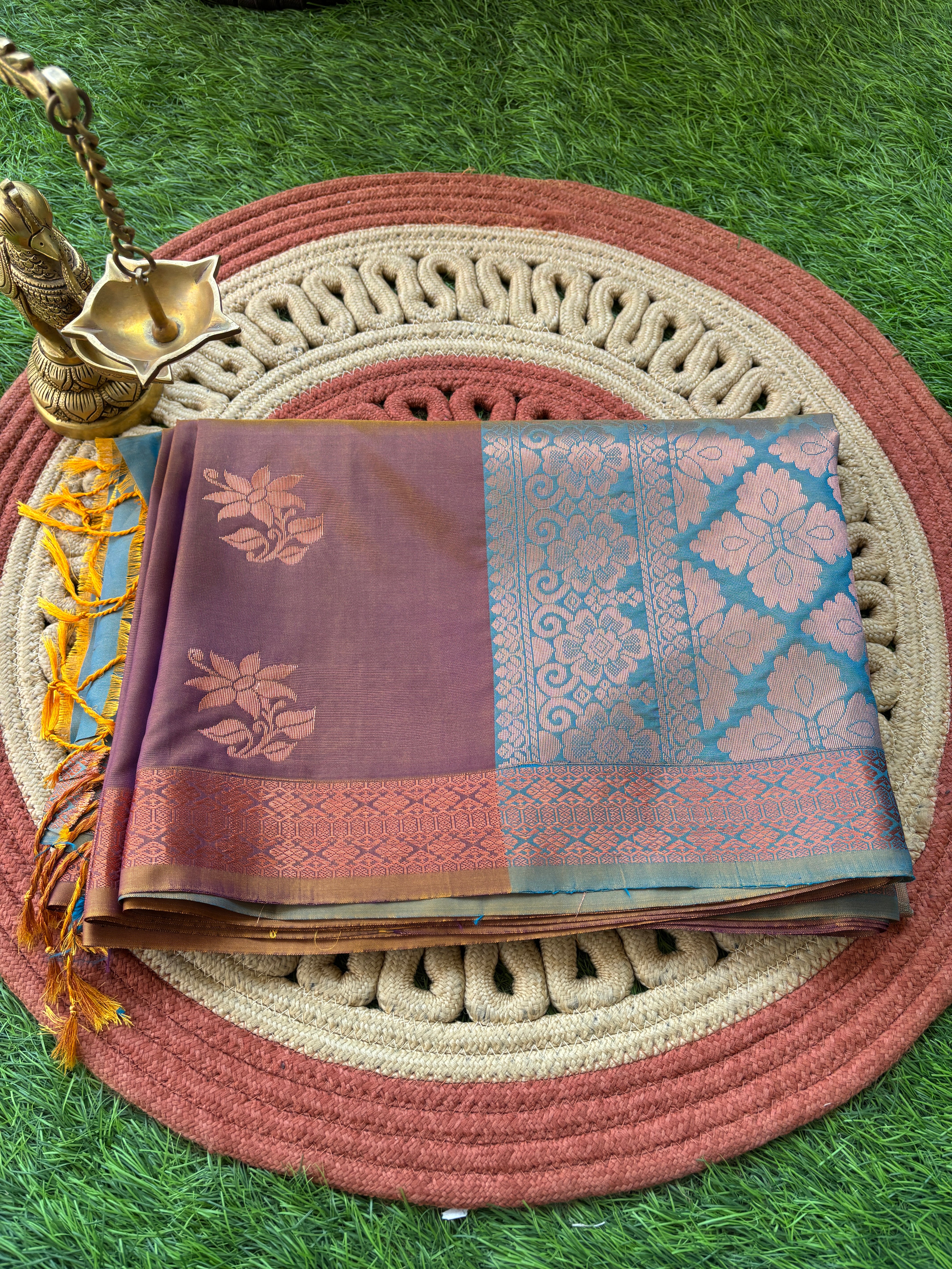Brown Two-Tone Art Silk Kanjipuram Saree with Allover Woven Buttas | Chandrika Lifestyles