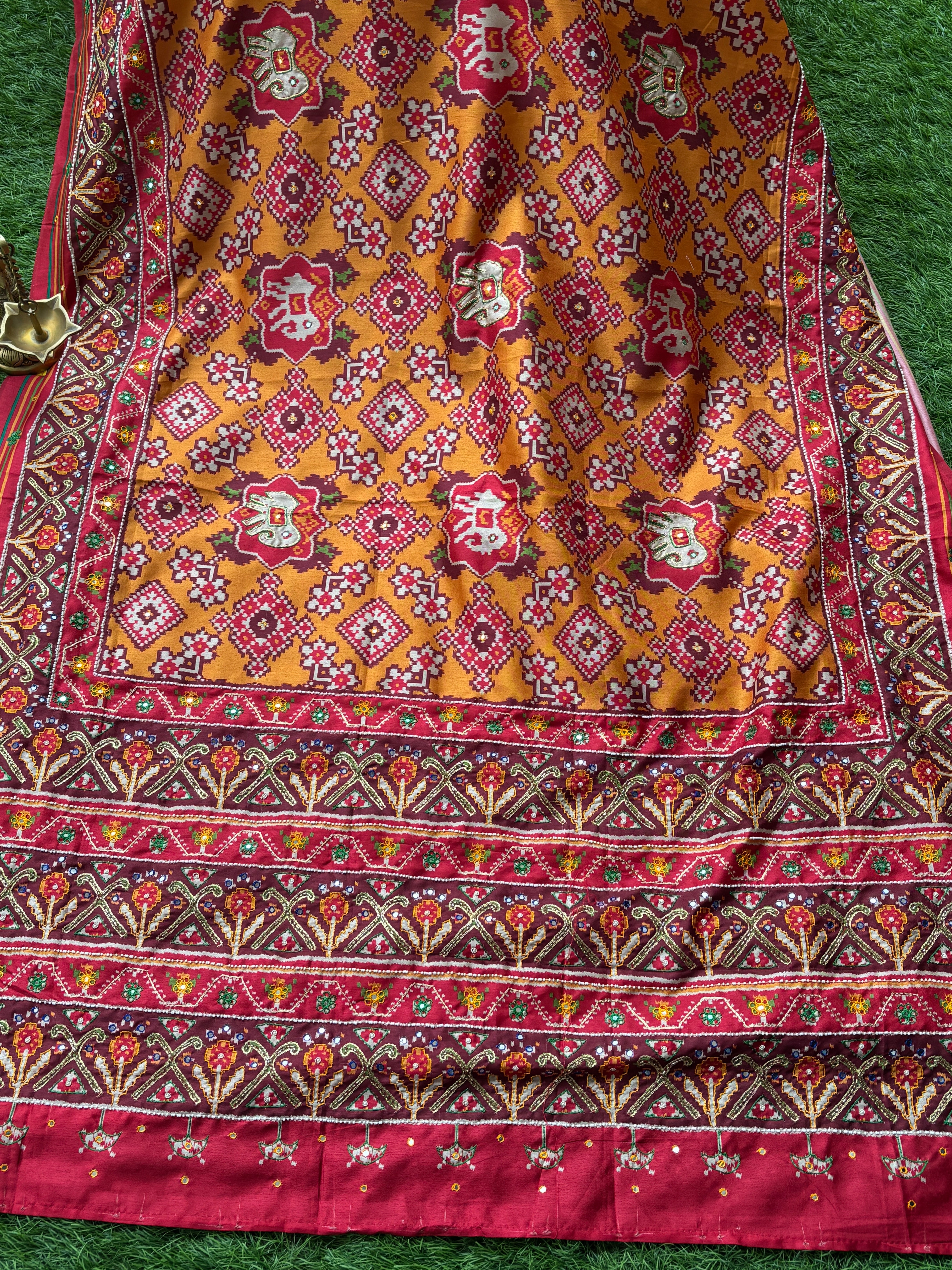 Yellow Tussar Silk Patola Saree with Aari Work & Red Border | Chandrika Lifestyles
