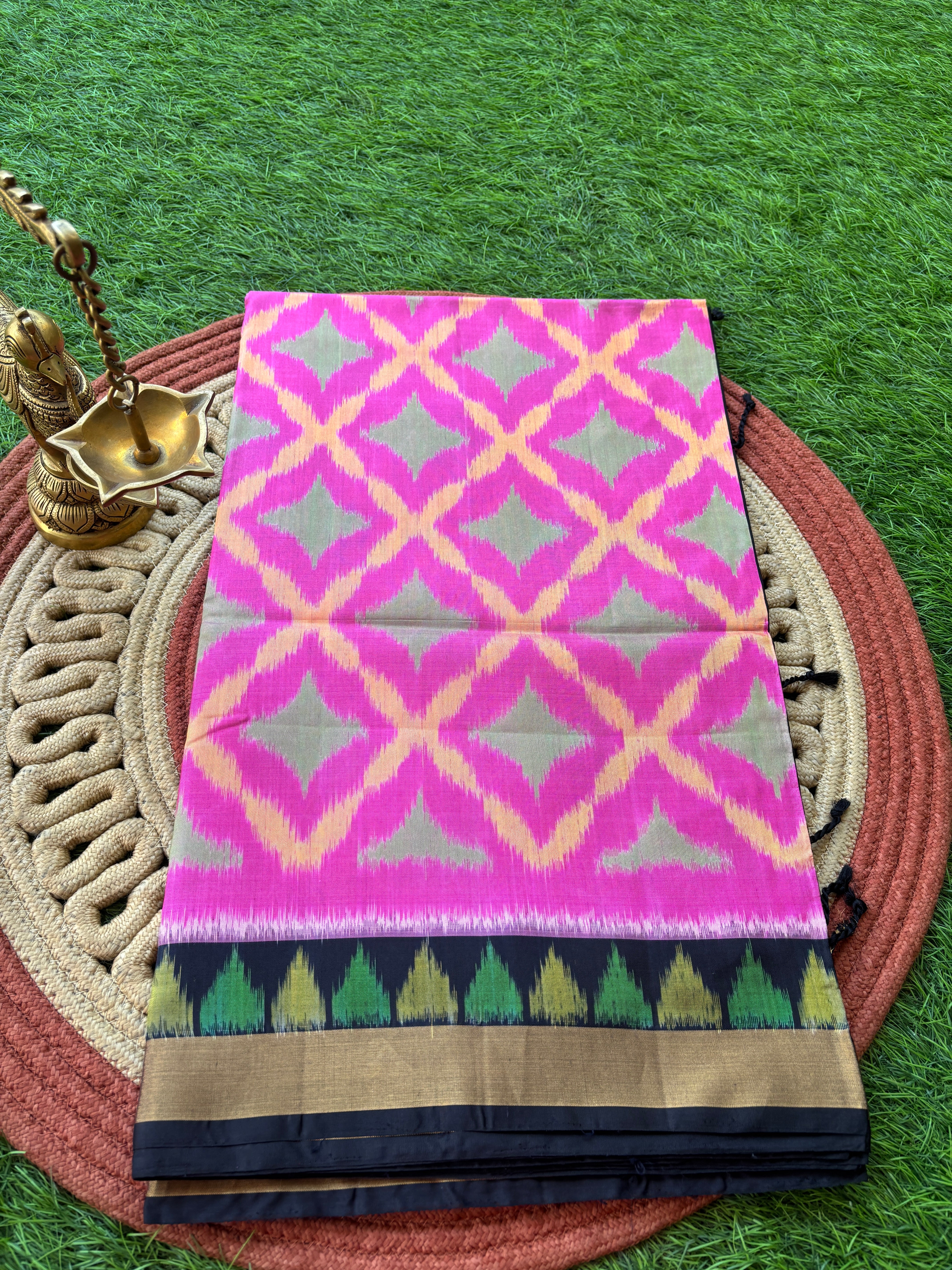 Pure Silk Jamuni (Purple-Pink) Ikat Saree with Black Border and Black Ikat Pallu
