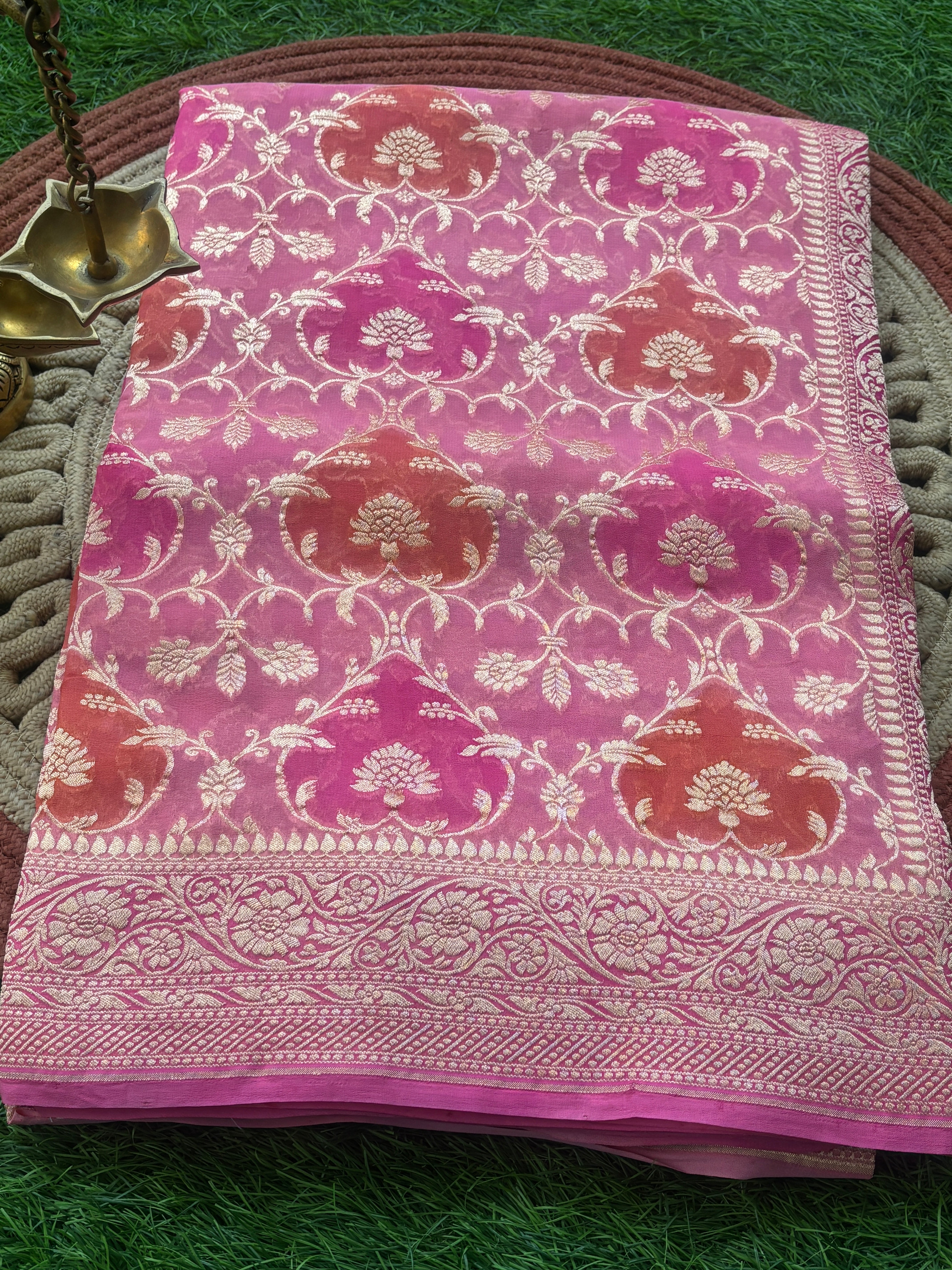 Pink, Orange & Peach Multicolour Khaddi Georgette Banarasi Saree with Allover Jaal | Chandrika Lifestyles