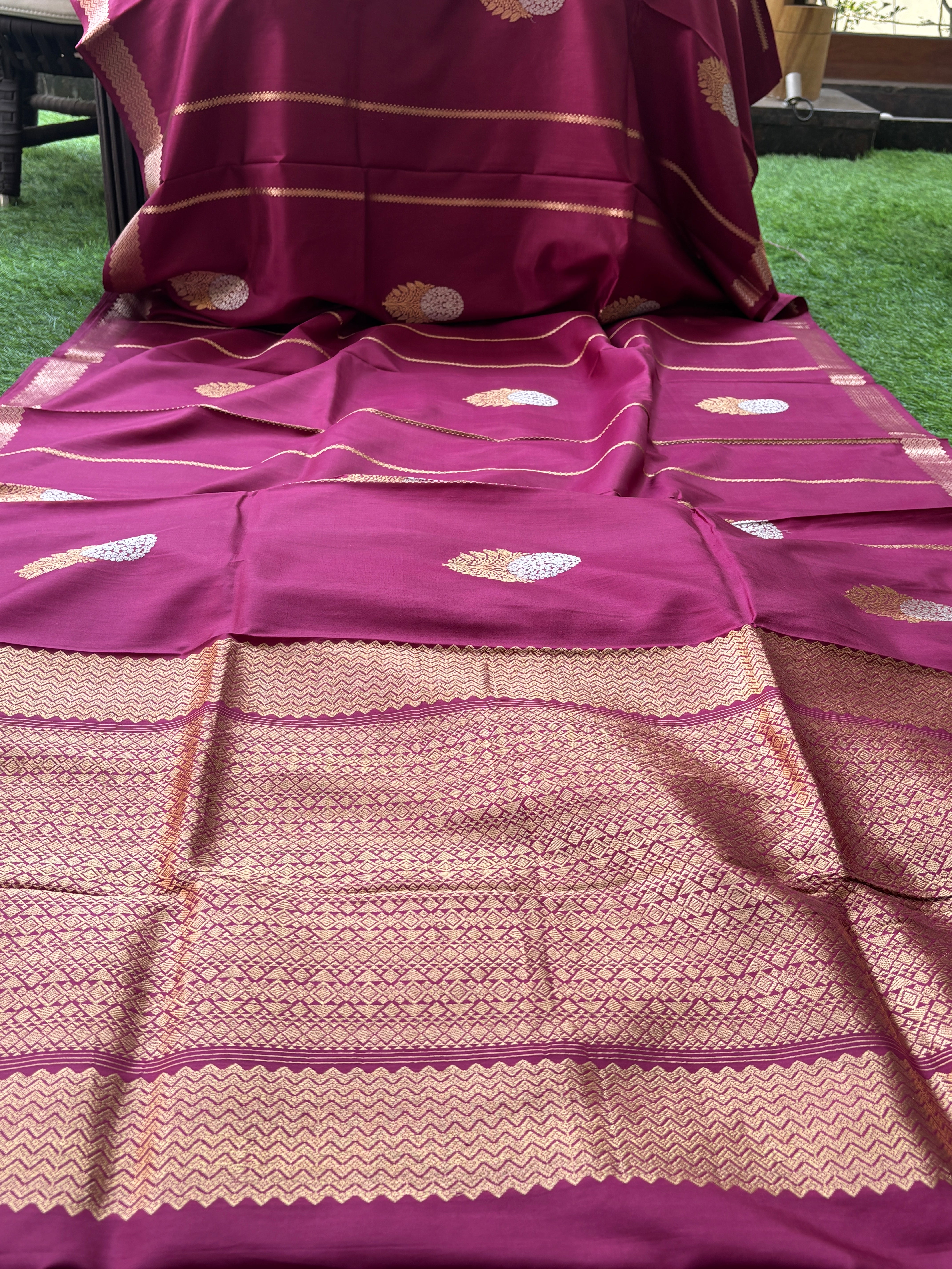 Wine Color Pure Silk Banarasi Saree with Allover Sona Rupa Zari Buttas | Chandrika Lifestyles