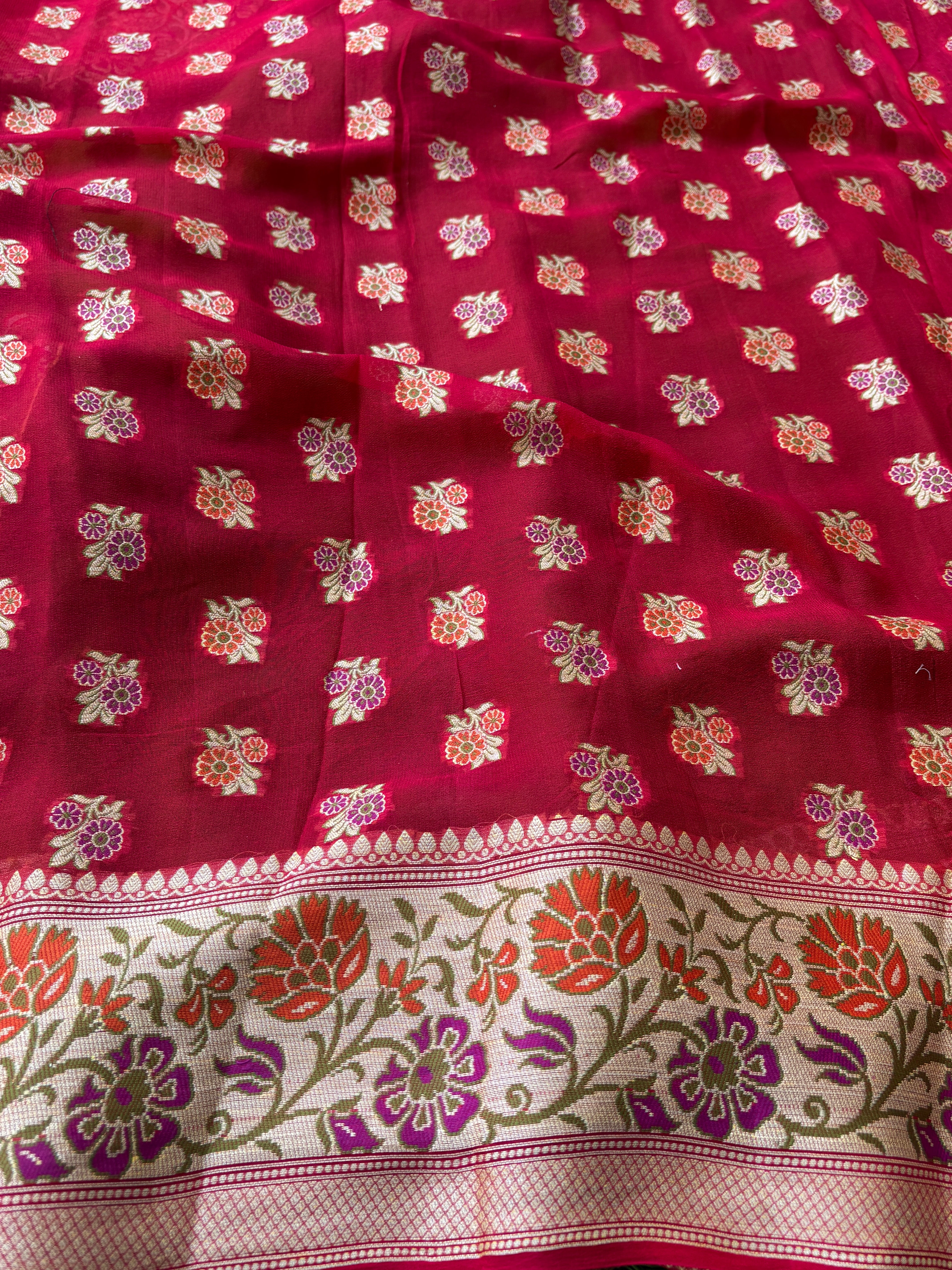 Green Khaddi Georgette Banarasi Saree with Paithani Weaving Border & Red Blouse | Chandrika Lifestyles