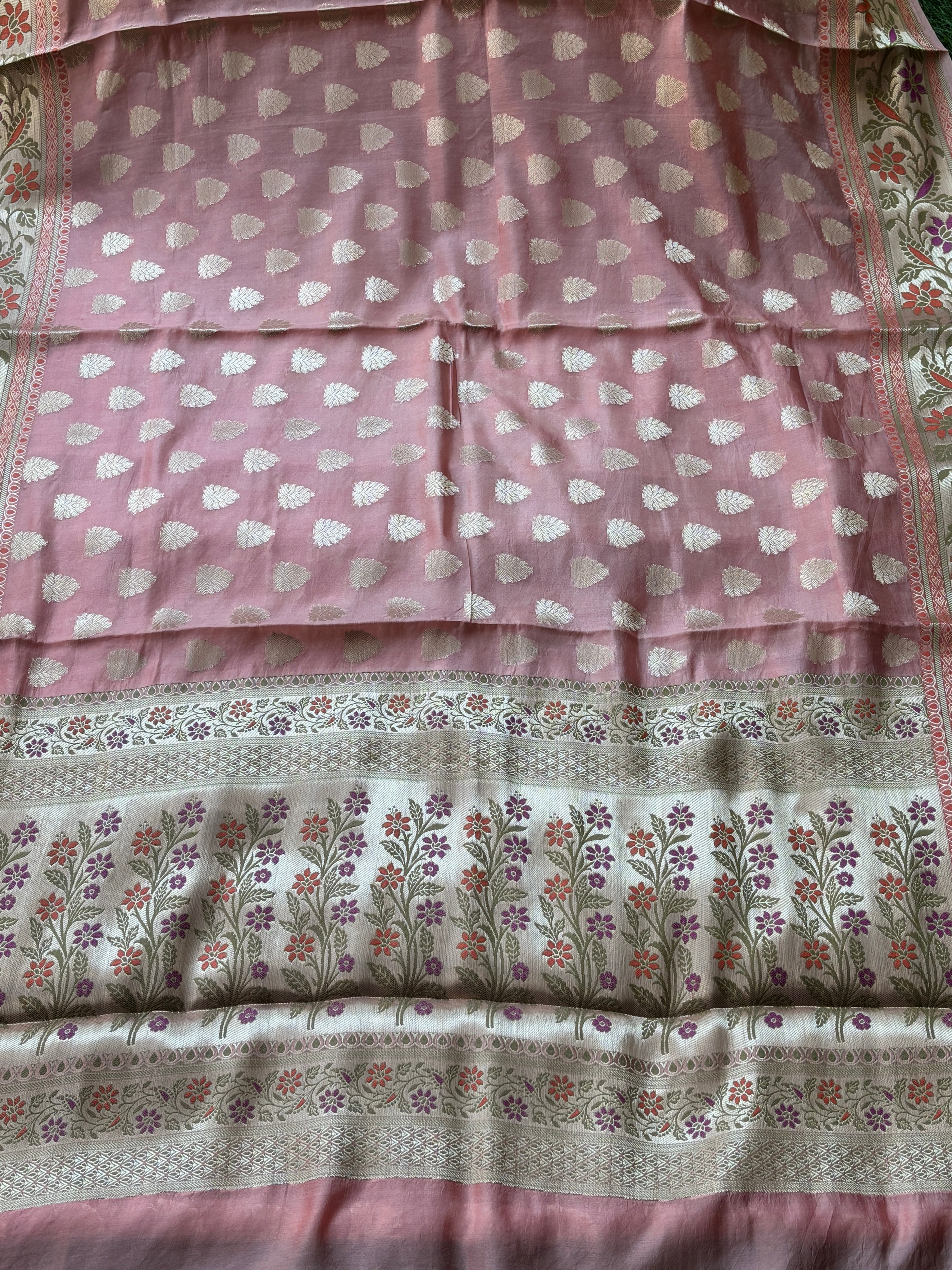 Peach Pink Banarasi Cotton Saree with Floral Meenakari Work & Border | Chandrika Lifestyles
