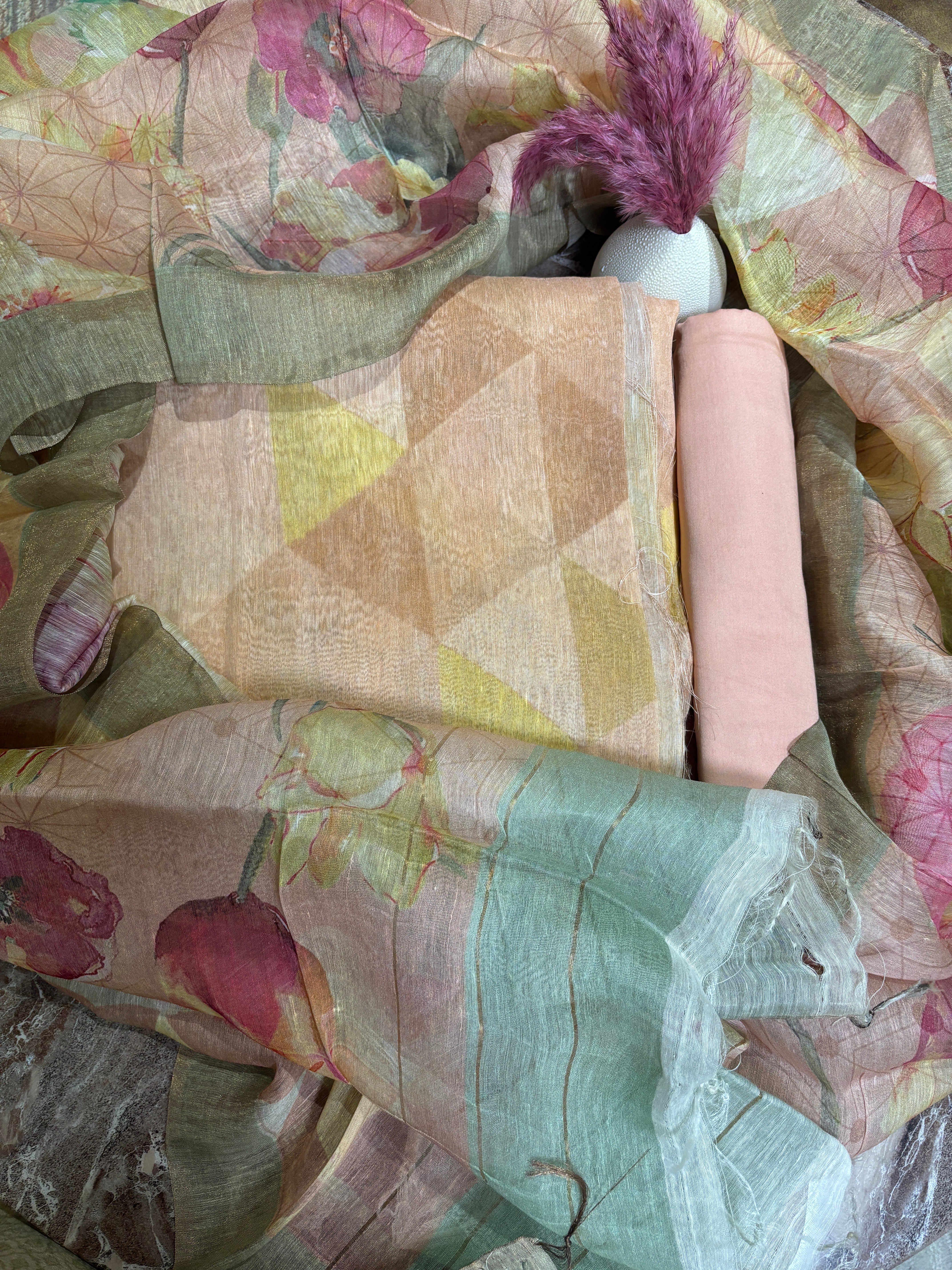 Chandrika Lifestyles | Peach Linen Silk Suit – Floral Dupatta