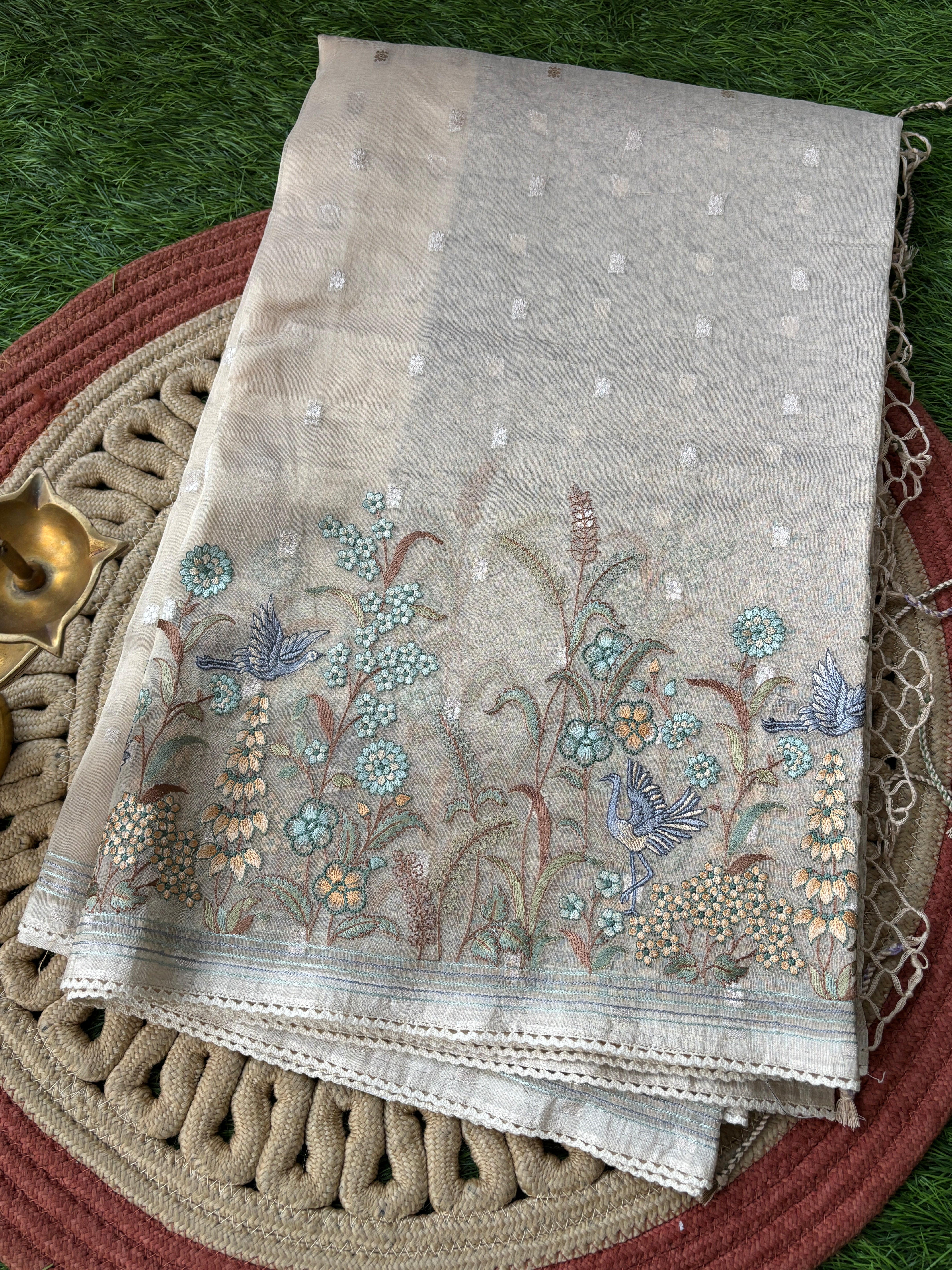Off White Tissue Kora Saree with Figure Embroidery & Thread Butta Work | Chandrika Lifestyles