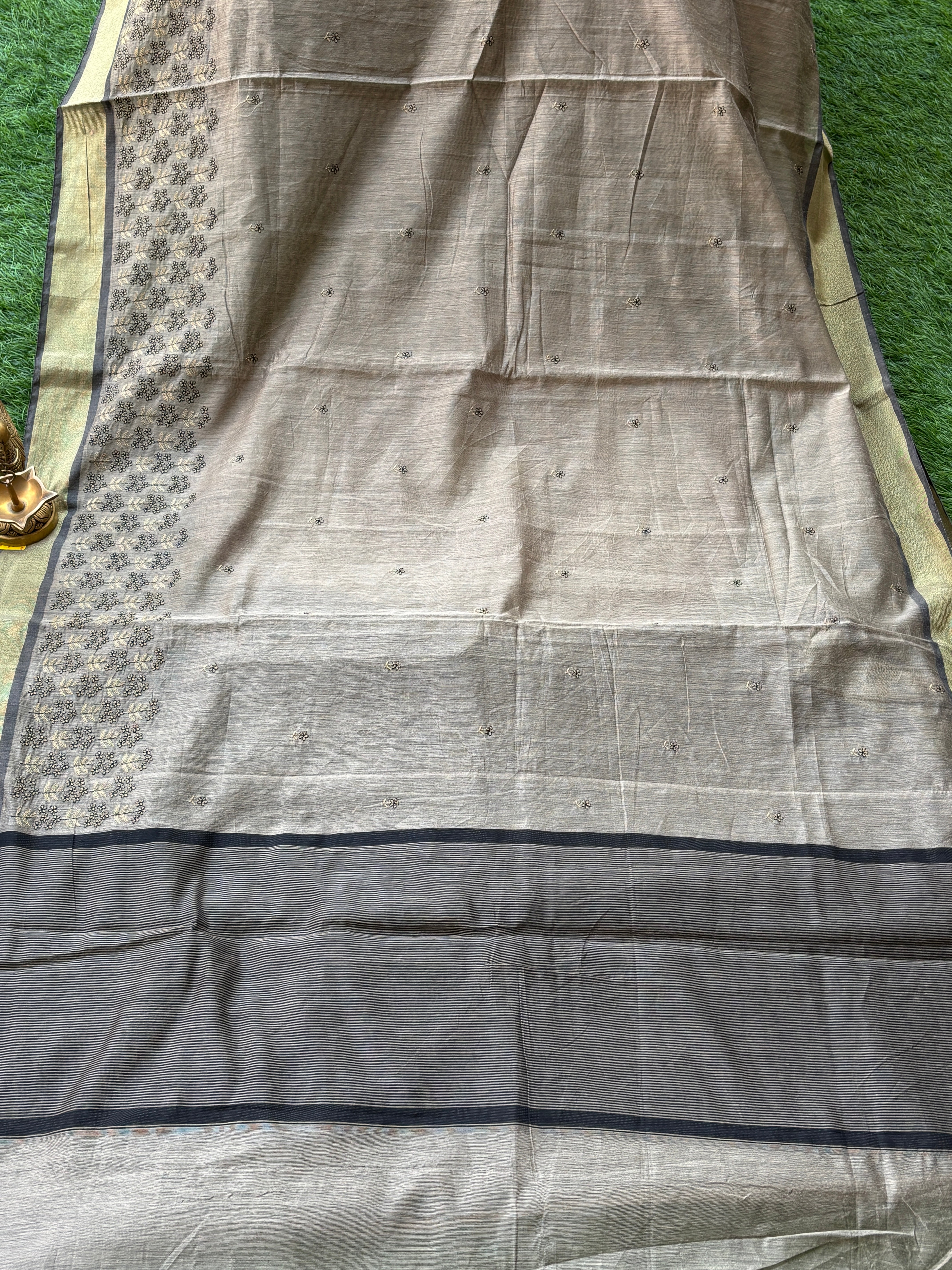 Grey Mercerized Cotton Saree with Allover Floral Thread Embroidery | Chandrika Lifestyles