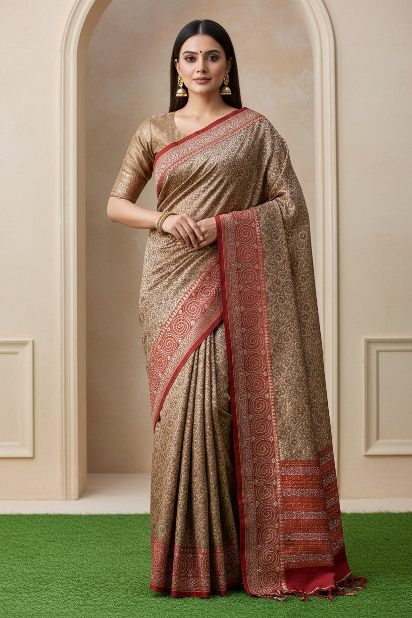 Biscuit Brown Banarasi Mercerised Cotton Saree with Zari Thread Embroidery & Red Border