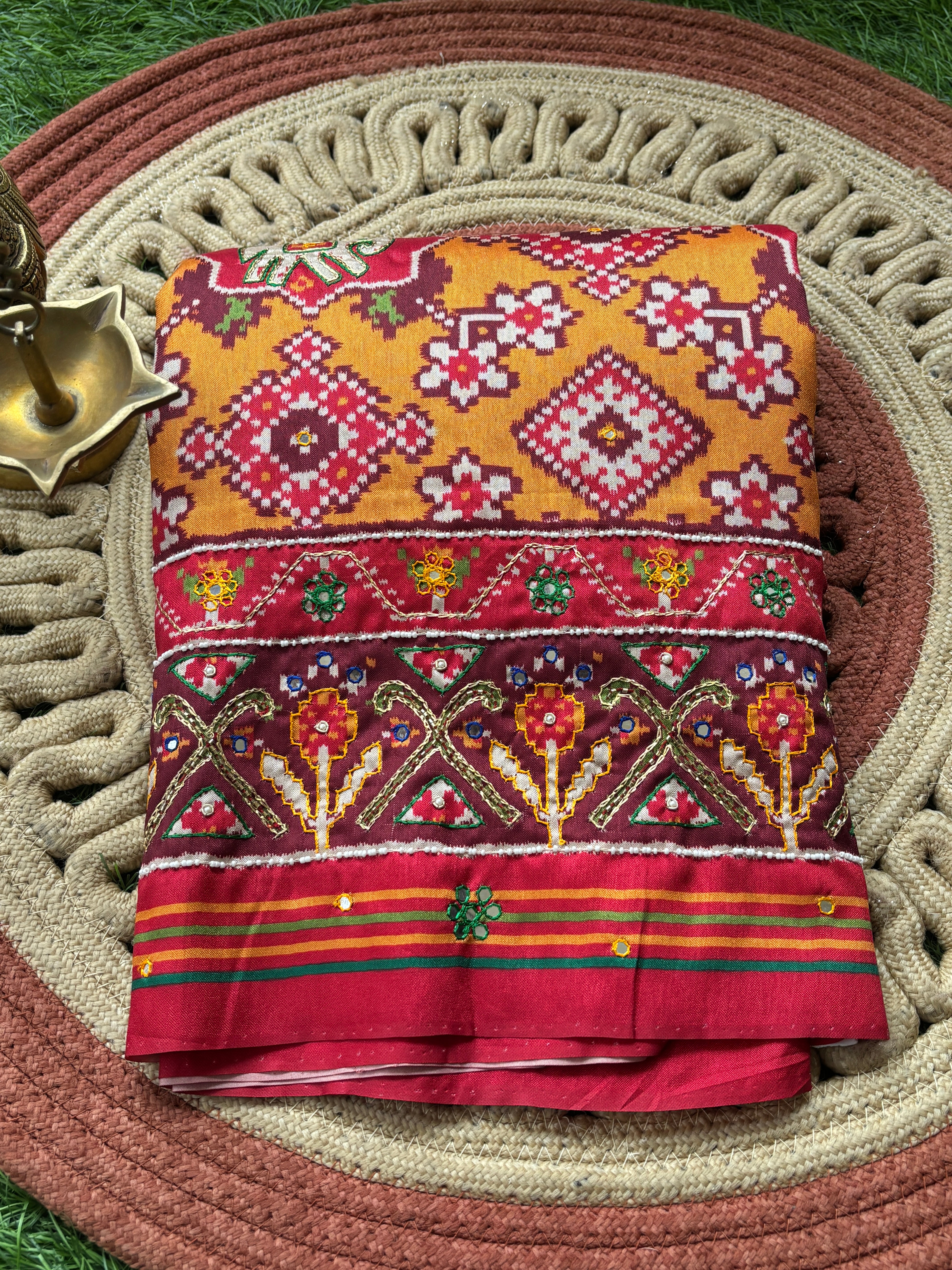 Yellow Tussar Silk Patola Saree with Aari Work & Red Border | Chandrika Lifestyles
