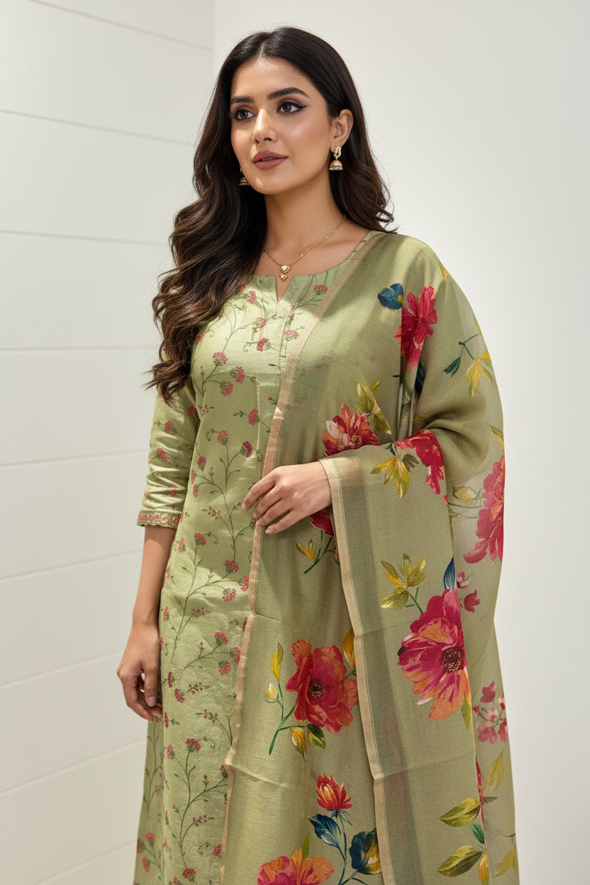 Pure Cotton Mehendi Green All-Over Embroidered Butti Suit Material with Digital Floral Printed Dupatta
