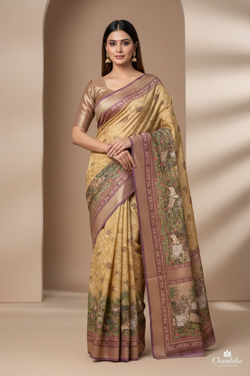 Mustard Yellow Pure Organza Saree with Thread Embroidery & Pichwai Digital Printed Pallu