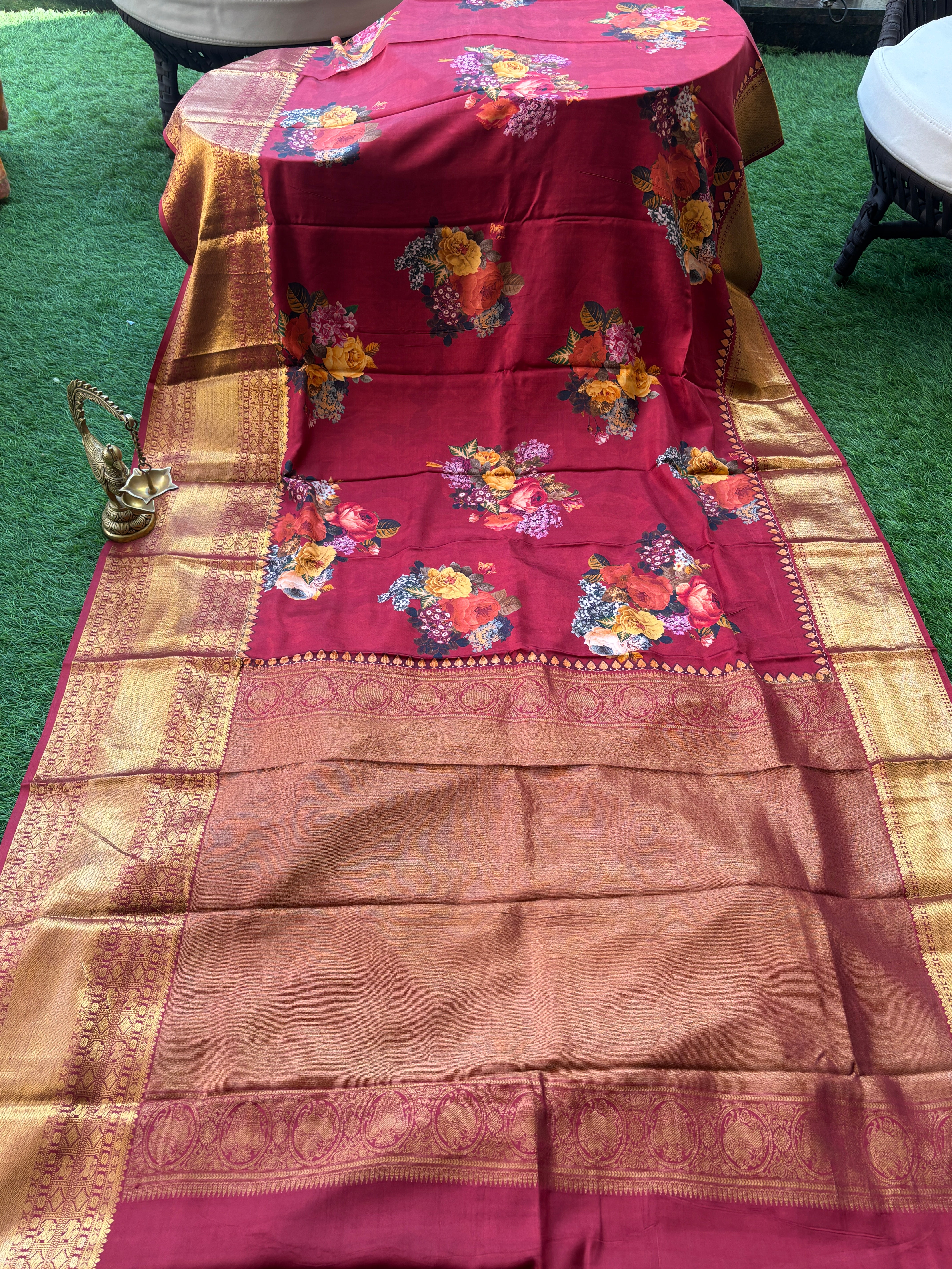 Maroon Red Pure Silk Digital Floral Printed Saree with Dharmavaram Woven Zari Border and Pallu