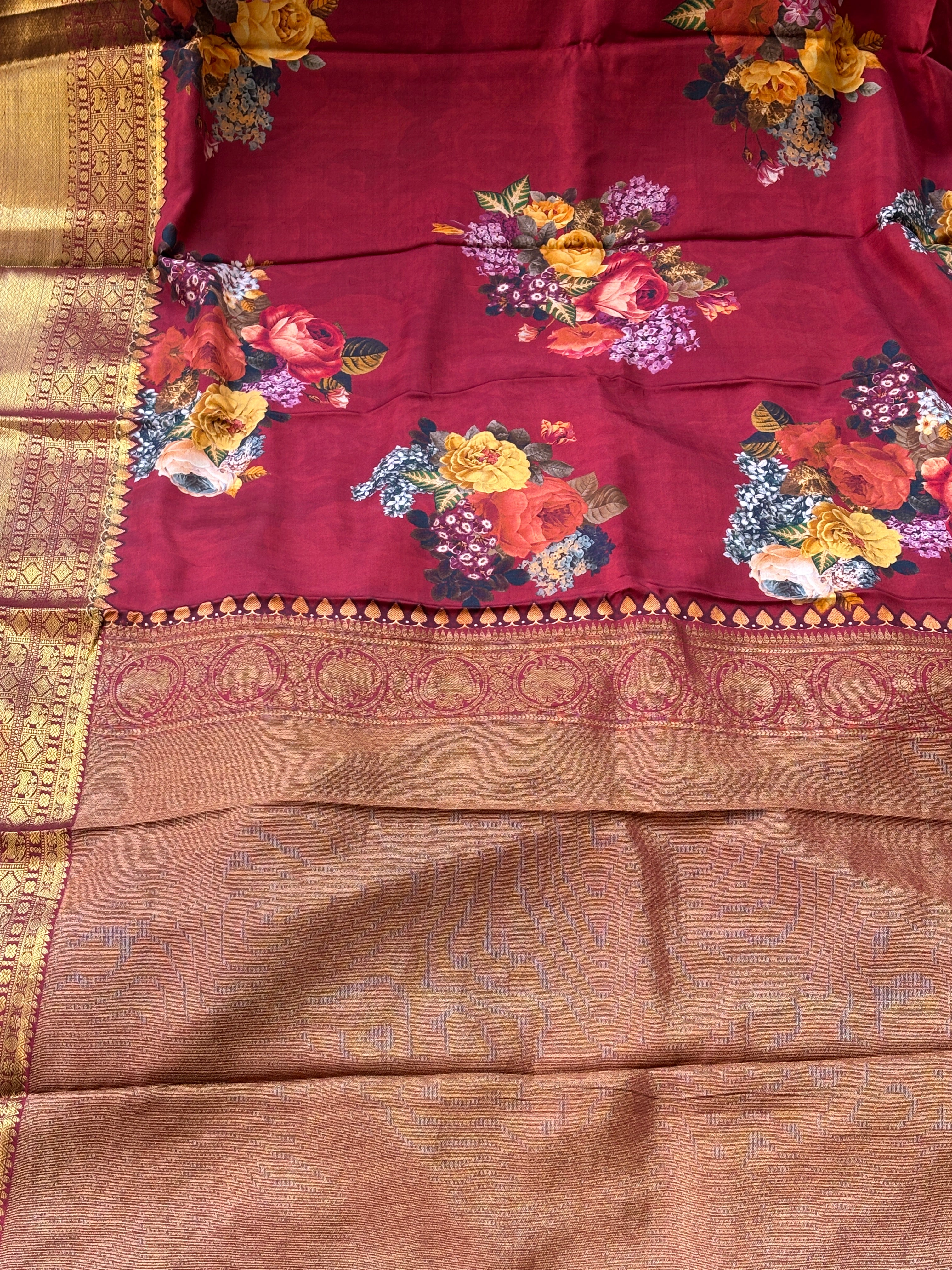 Maroon Red Pure Silk Digital Floral Printed Saree with Dharmavaram Woven Zari Border and Pallu