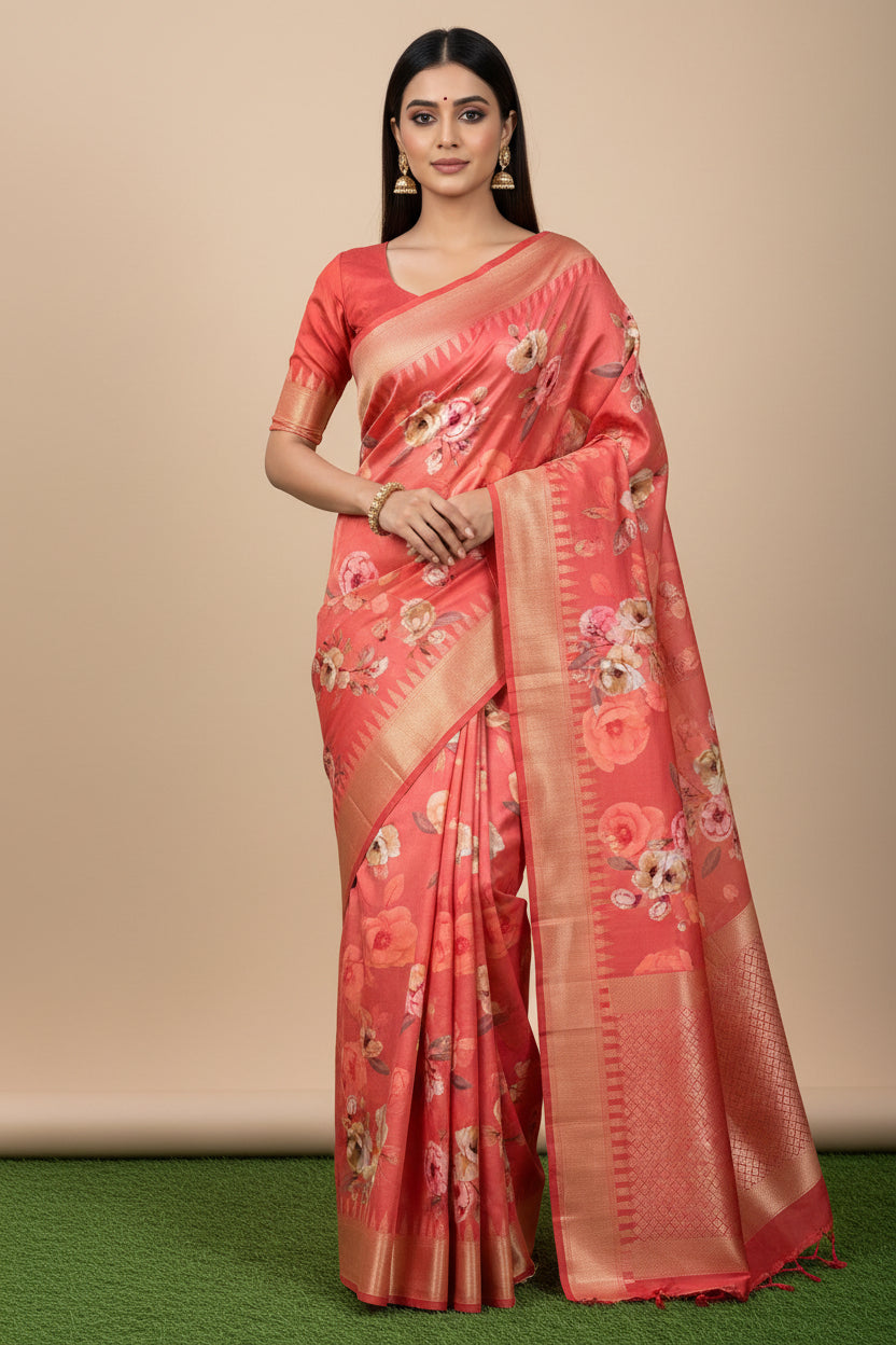 Model wearing Peach Pink Pure Silk Floral Printed Saree with Red Ikat Border
