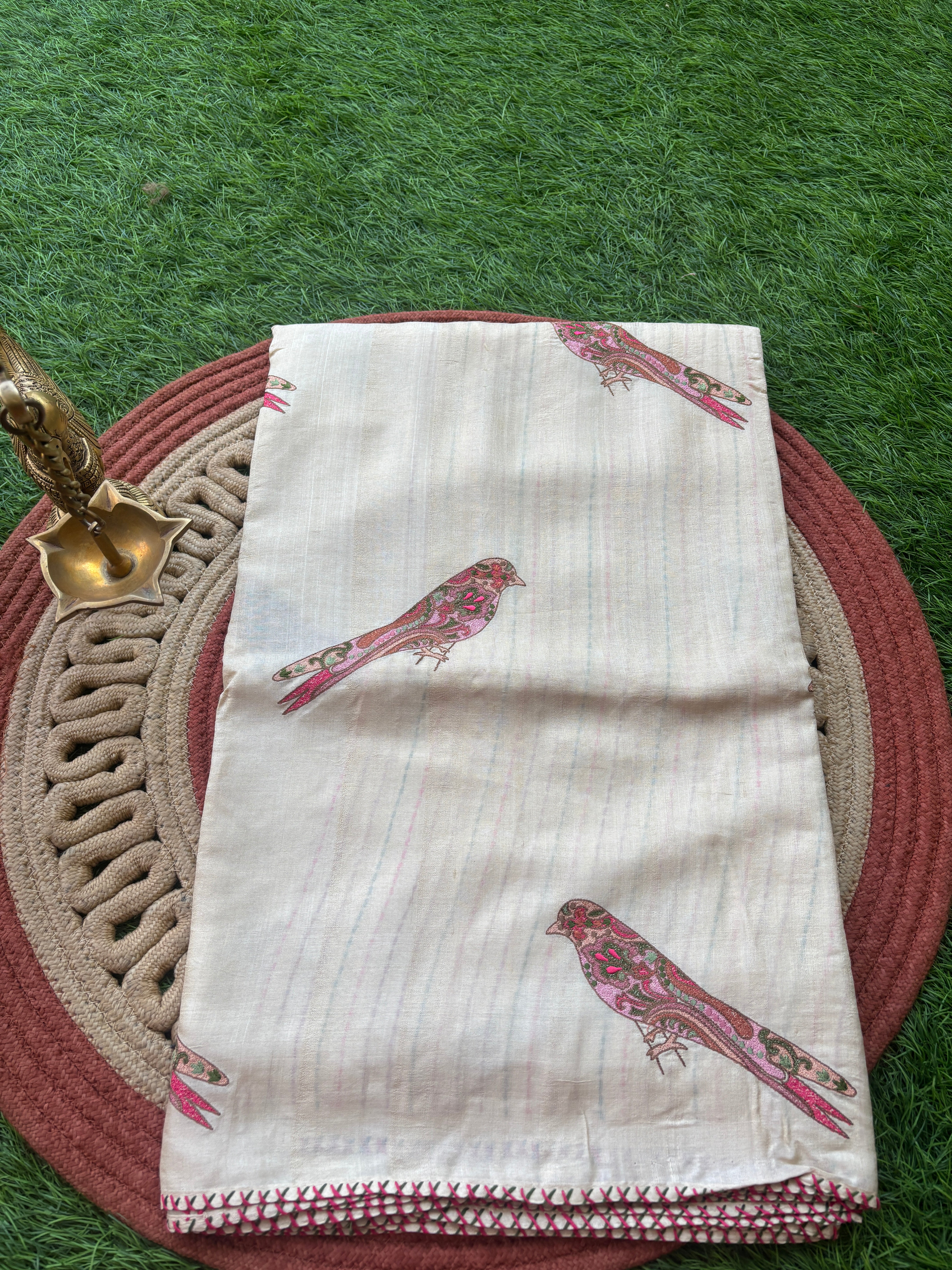 Pure Desi Tussar Silk Off-White Saree with multicoloured Bird embroidered motifs and Thread Embroidered Border