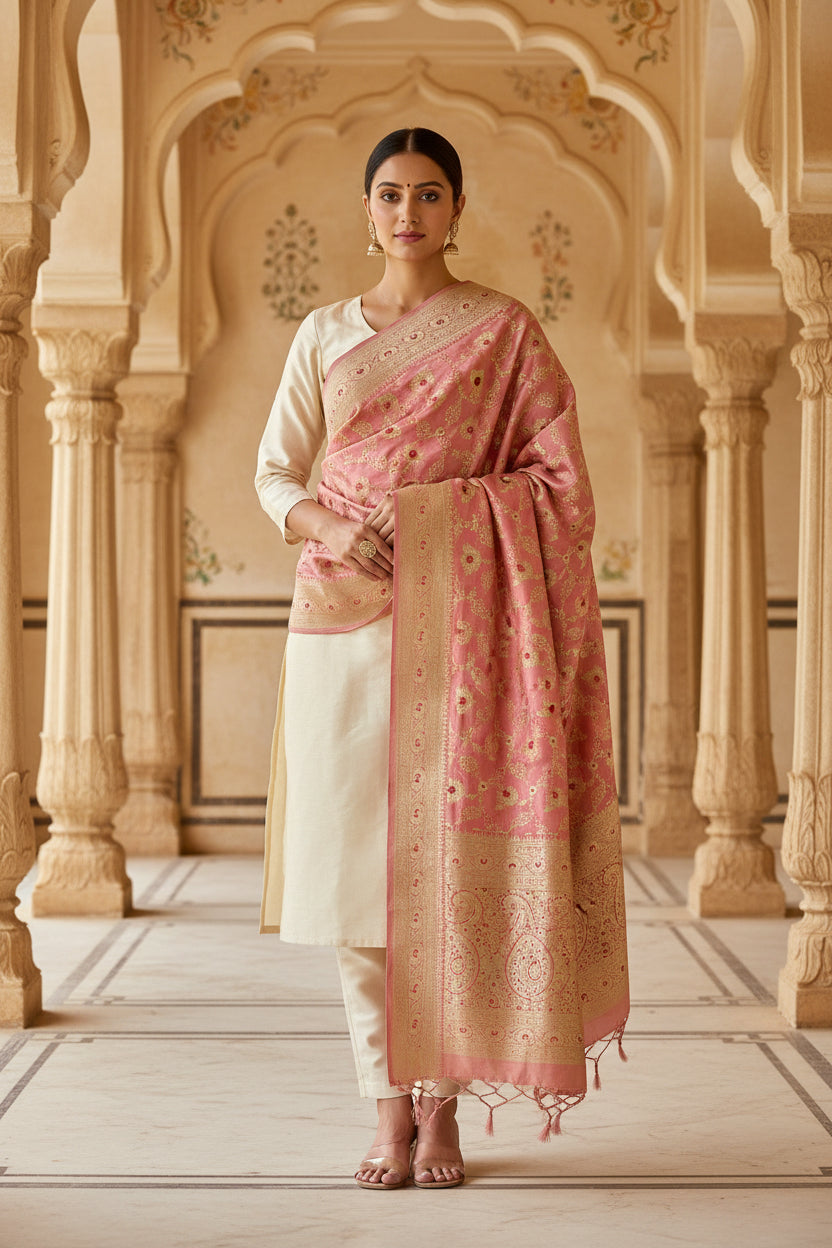Pure Silk Banarasi Handwoven Baby Peach Pink Dupatta