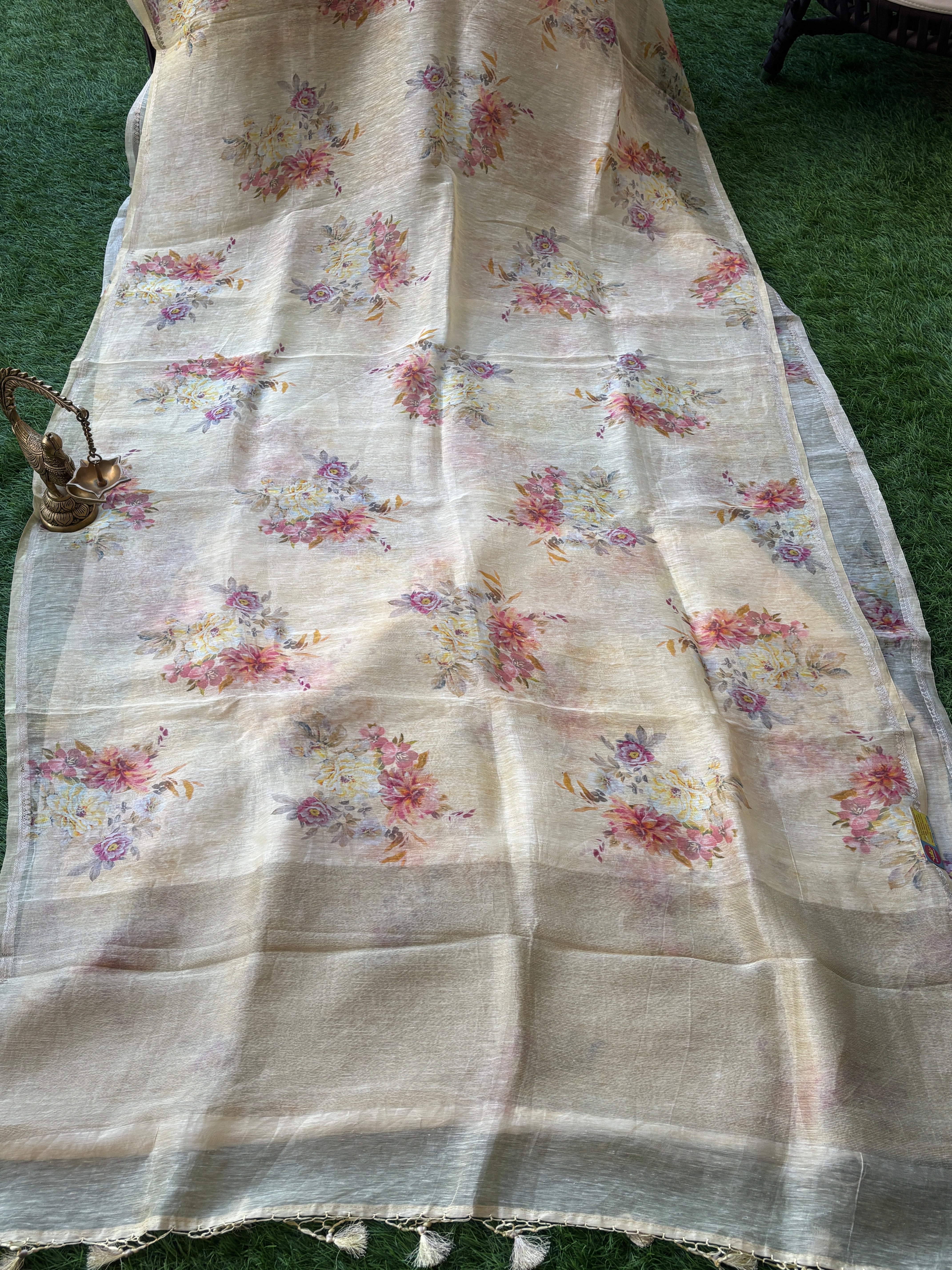 Lemon Yellow Pure Linen Saree with Allover Floral Digital Print | Chandrika Lifestyles