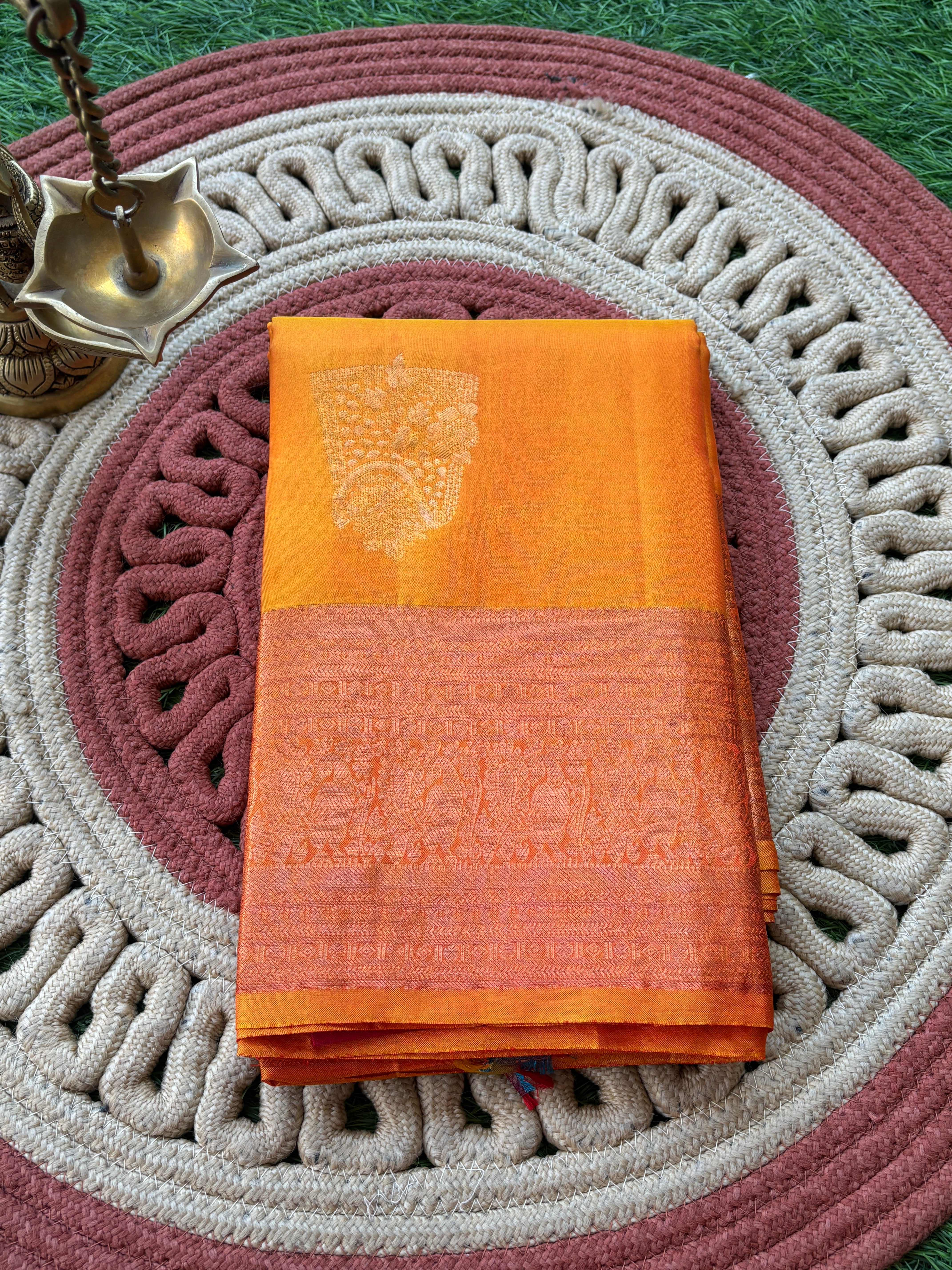 Mango & Orange Dual-Tone Kanjeevaram Pure Silk Saree with Broad Zari Woven Border
