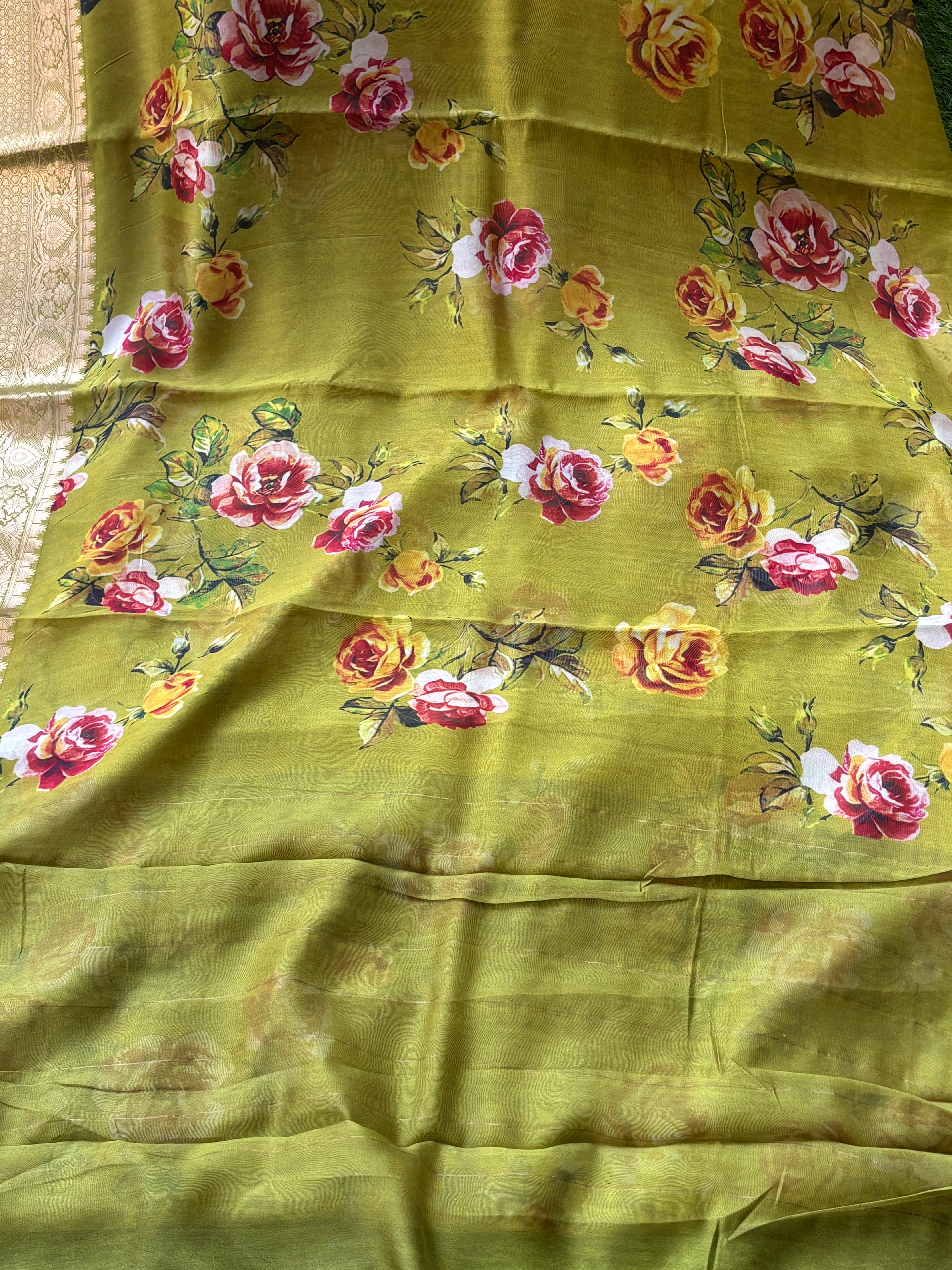 Pista Green Pure Georgette Saree with Broad Zari Woven Border & Digital Print