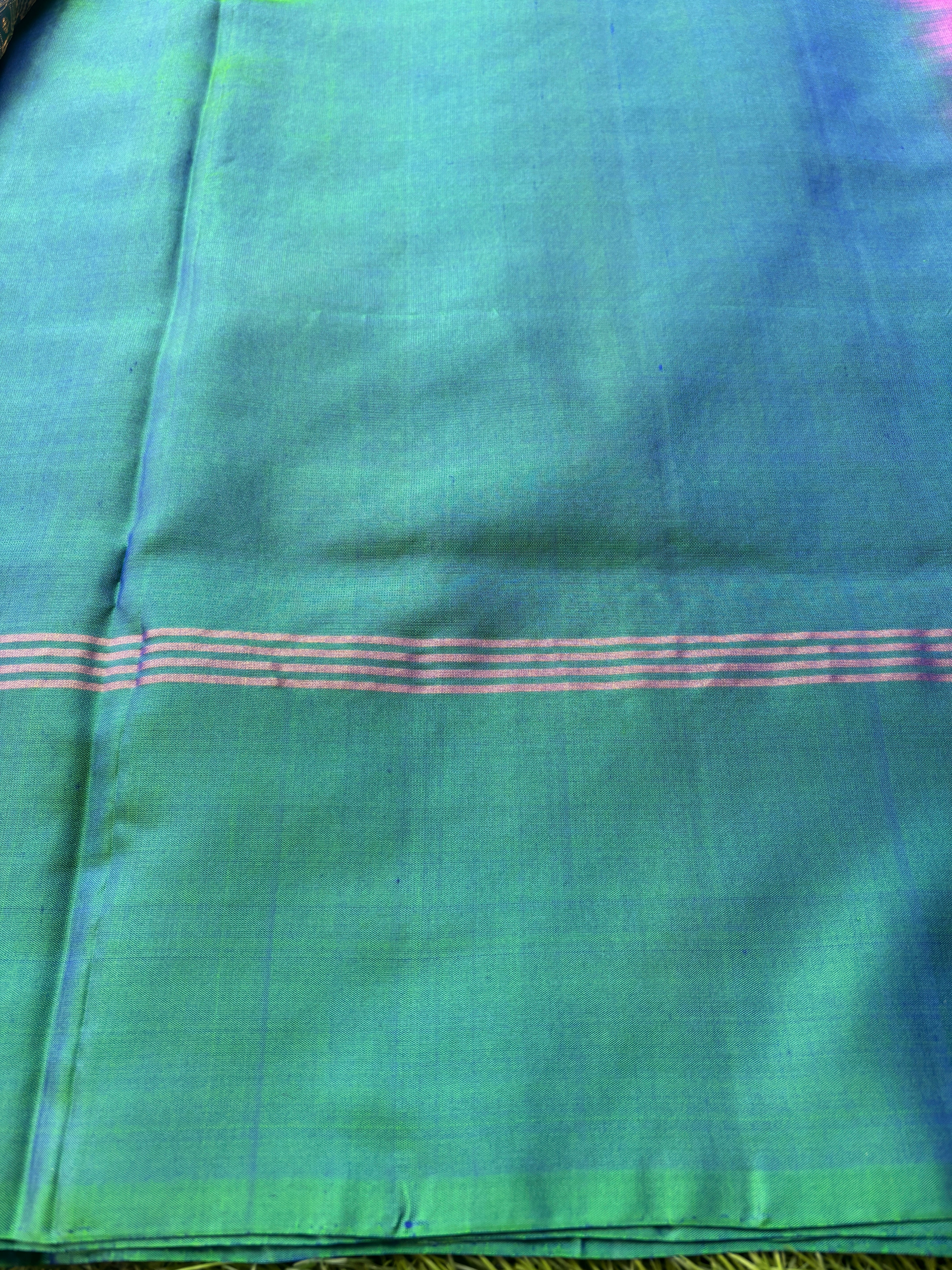 Pure Silk Peach Pink Saree with Zari Bootas, Green Border and Ikat Pallu