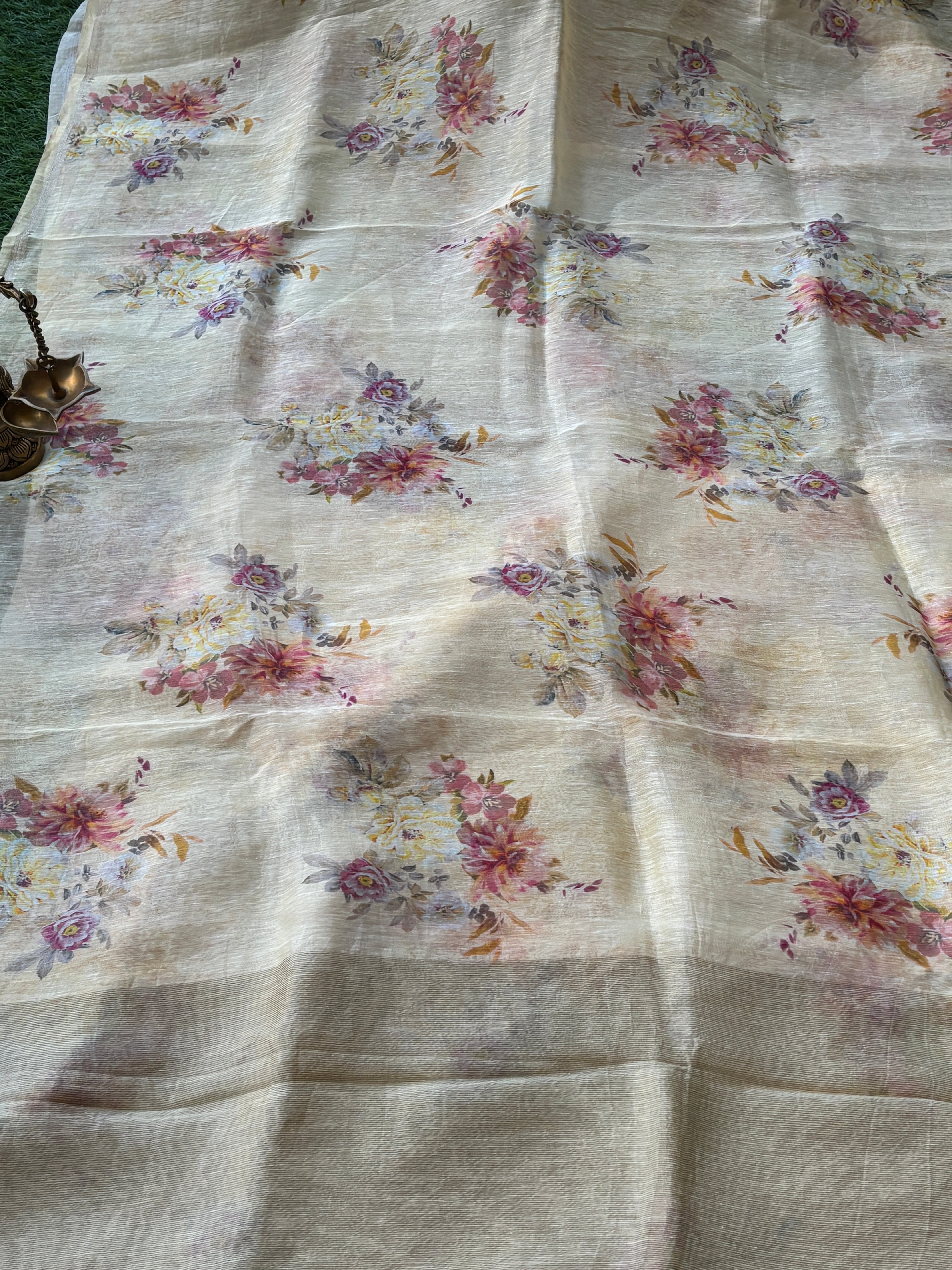 Lemon Yellow Pure Linen Saree with Allover Floral Digital Print | Chandrika Lifestyles