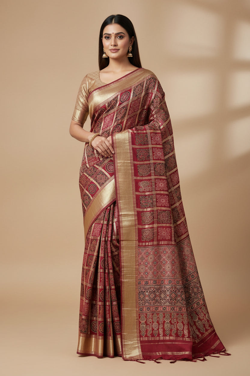 Woman wearing Red Pure Modal Silk Gharchola Saree with golden checks and zari woven pallu, styled for wedding