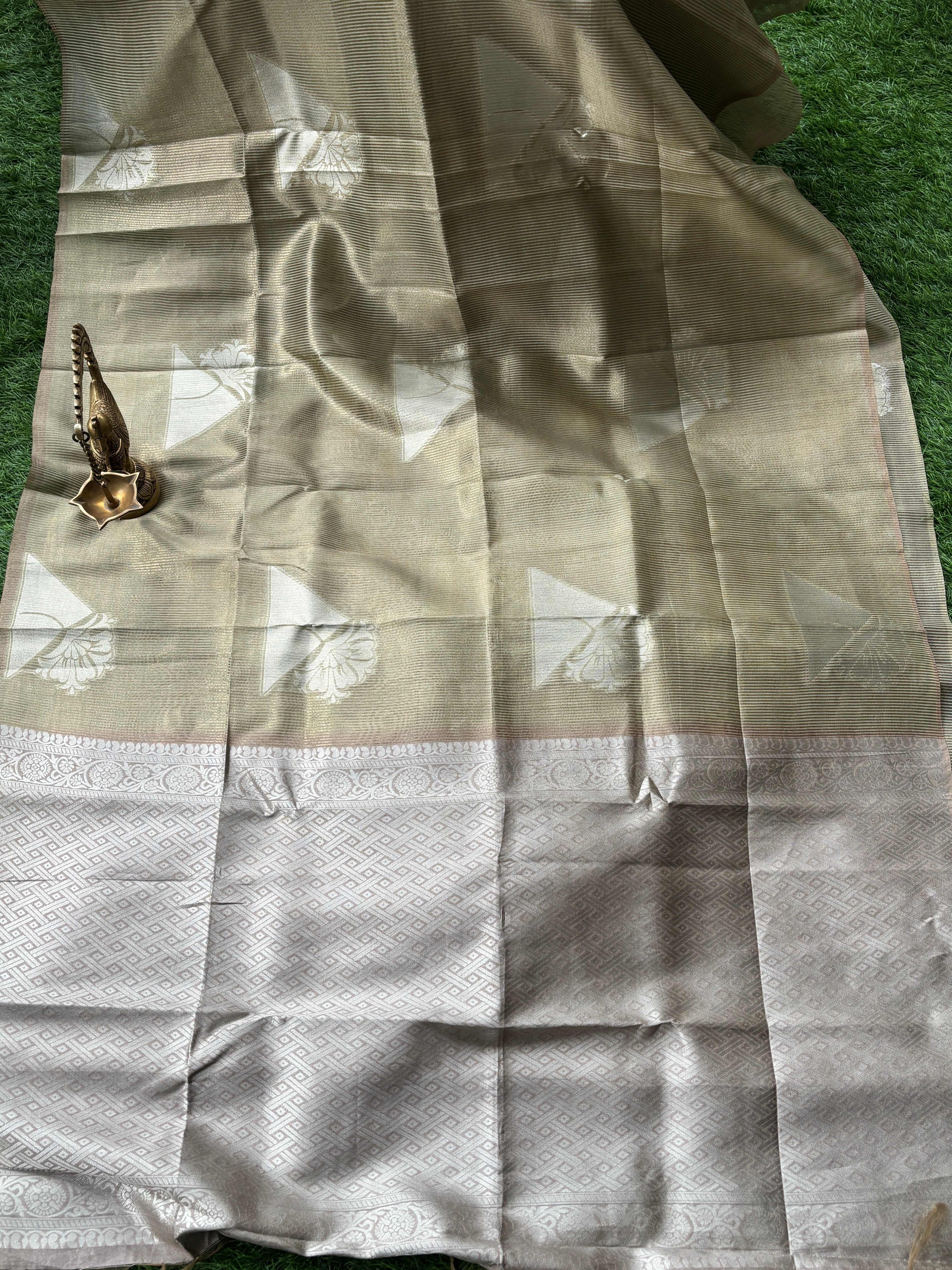 Elegant Beige Art Tussar Saree with Geometrical Buttas & Zari Stripes