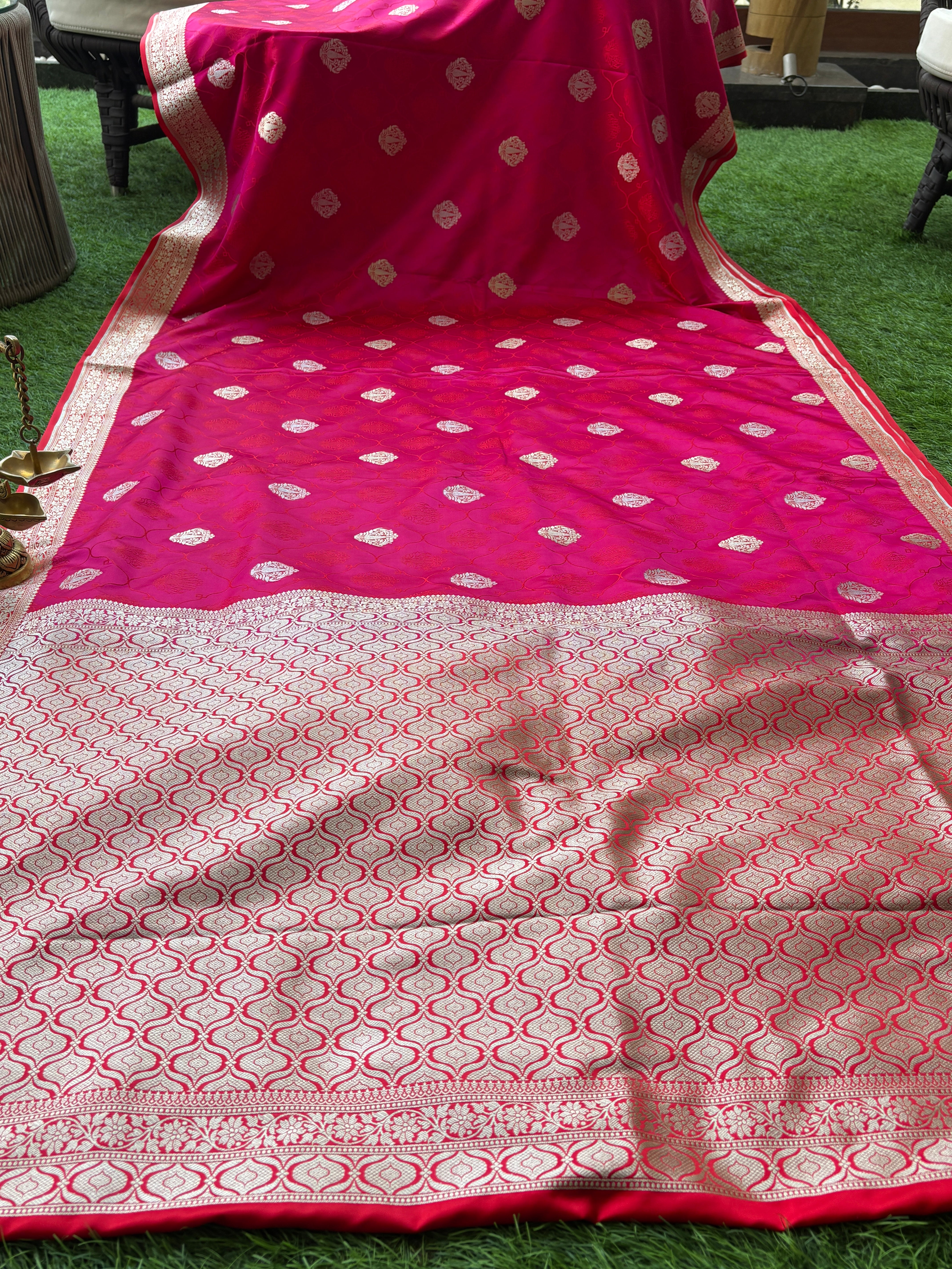 Rani Pink Banarasi Saree with Allover Zari Buttis (Two-Tone) | Chandrika Lifestyles