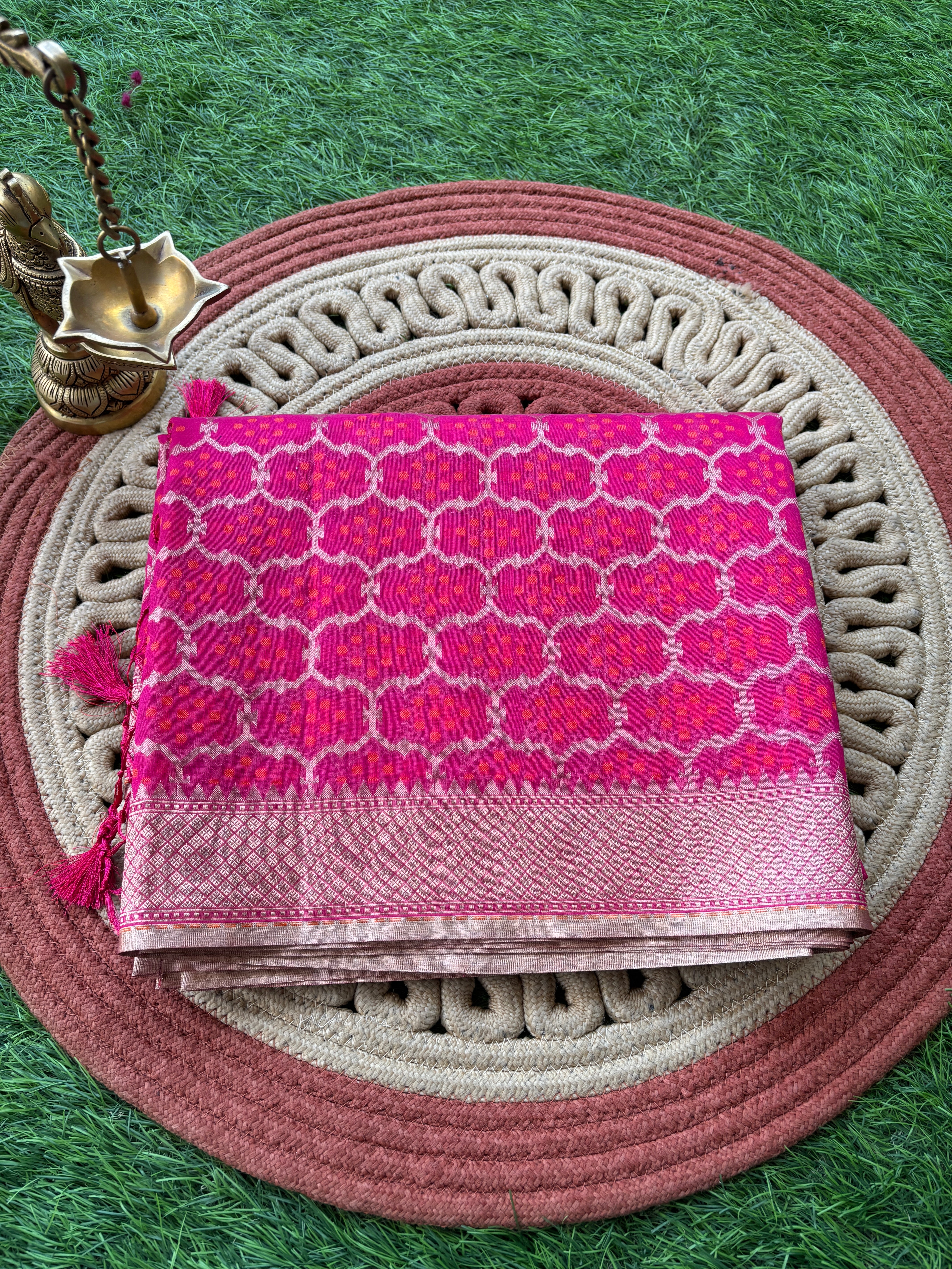 Pink Banarasi Mercerized Cotton Saree with Allover Jaal | Chandrika Lifestyles