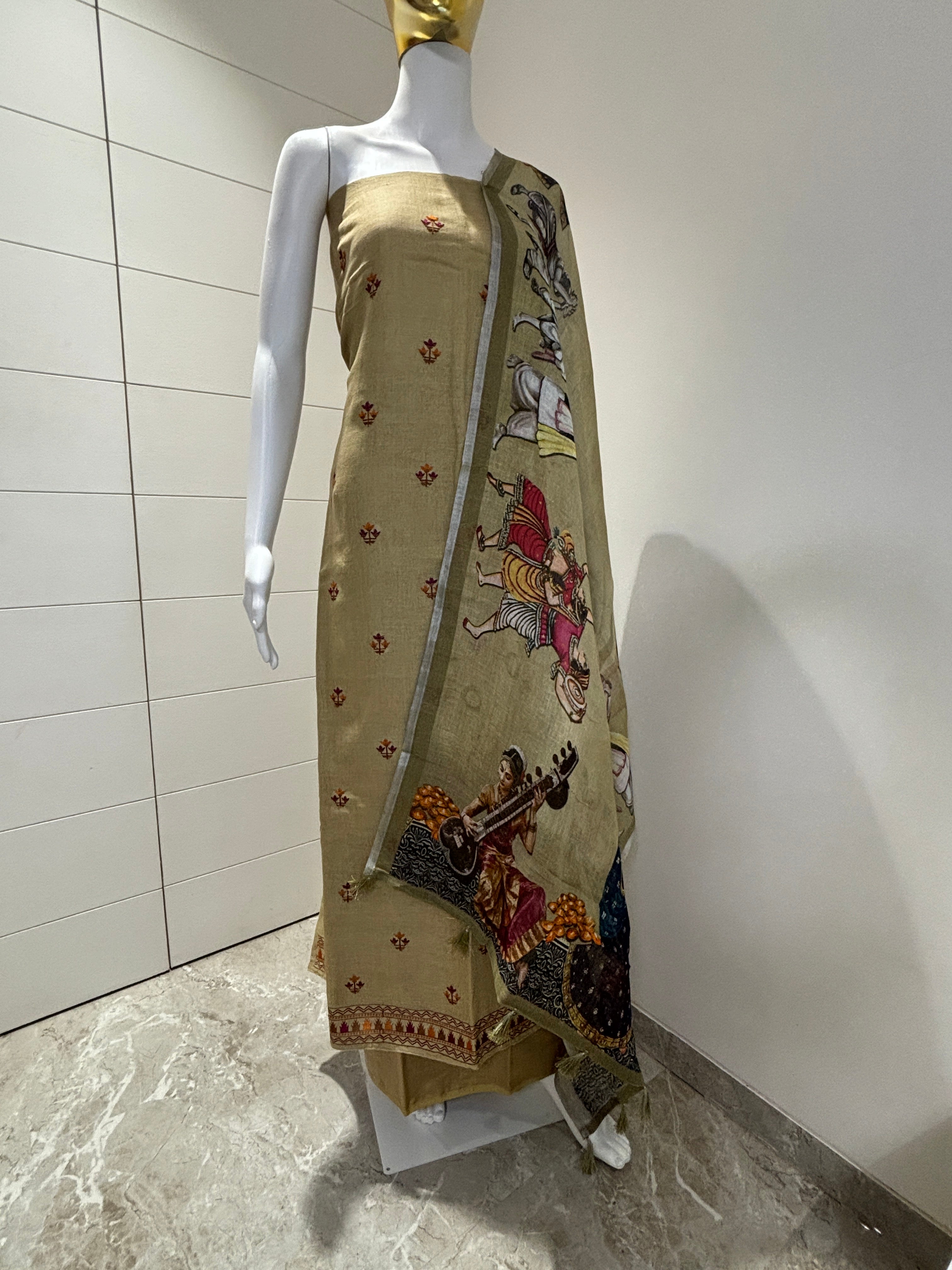 Pure Linen Thread Embroidered Suit Material with Figure Digital Printed Dupatta – Mehendi Green / Pista Green