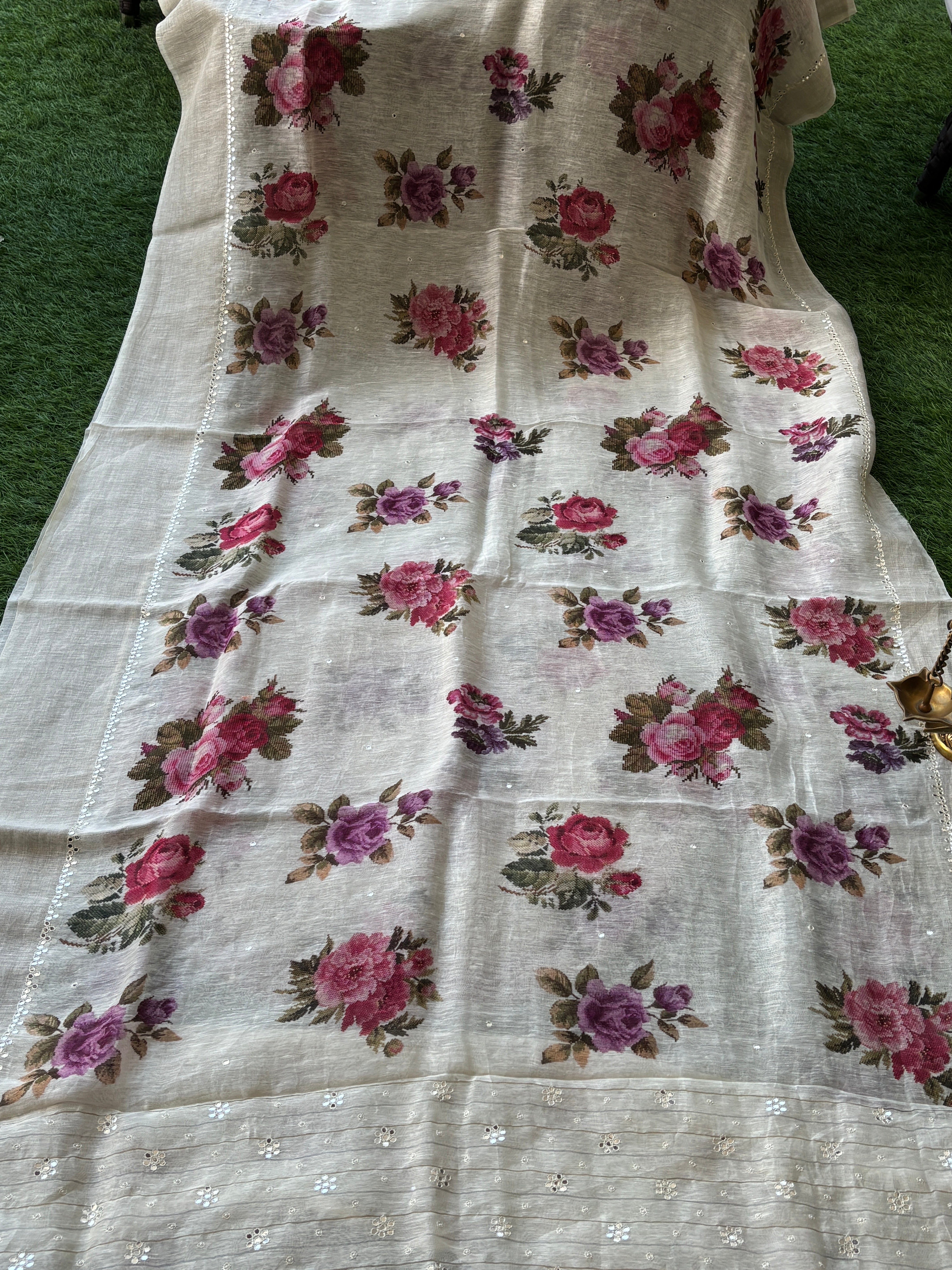 Off-White Pure Linen Saree with Allover Floral Digital Print | Chandrika Lifestyles