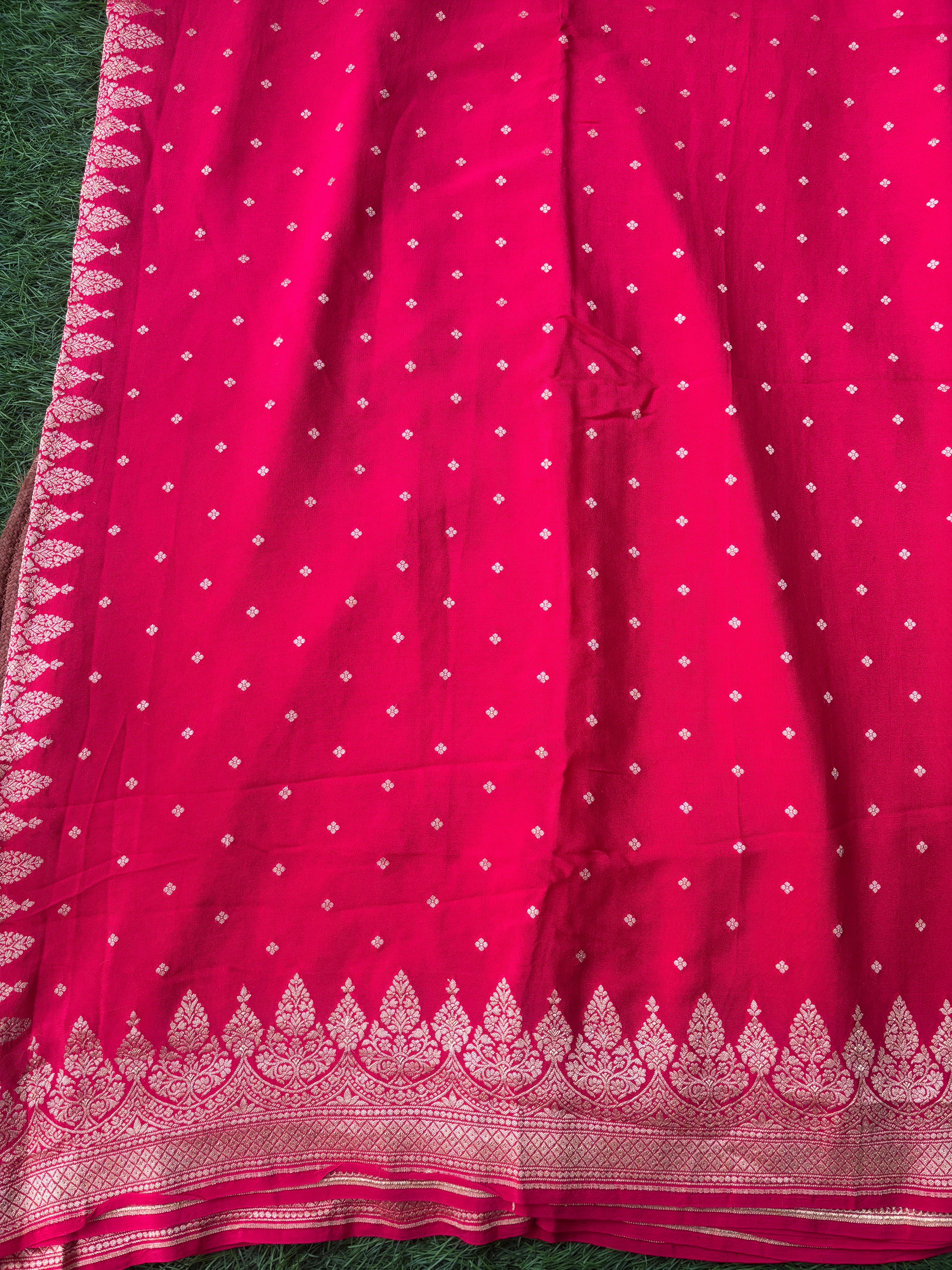 Pink red banarasi saree with golden  zari weaving work 