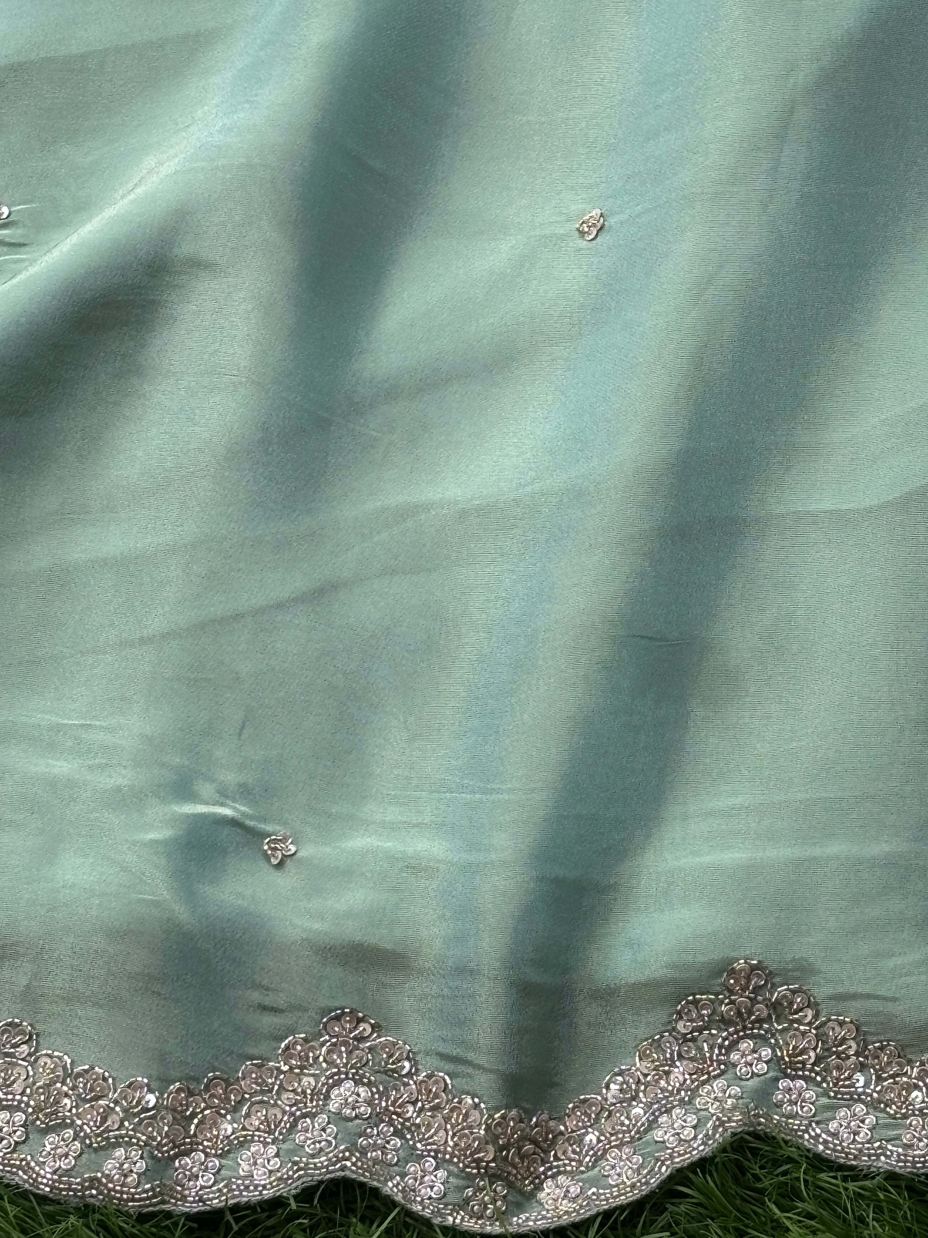 Luxury Mint Pure Tissue Crepe Silk Saree with Zardozi Buttas & Designer Scallop Border