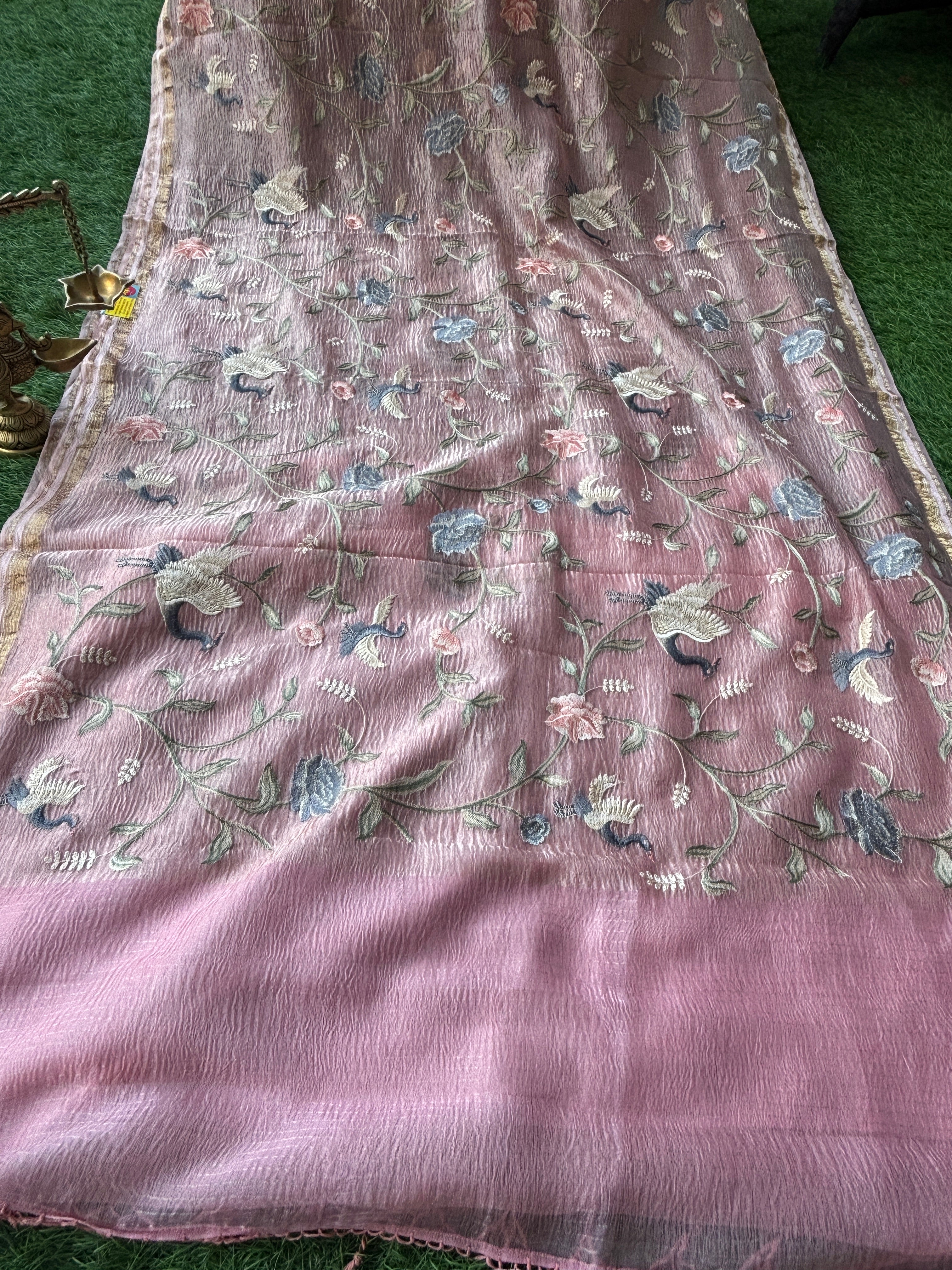 Baby Pink Pure Crush Tissue Kora Organza Designer Saree with Thread Embroidery