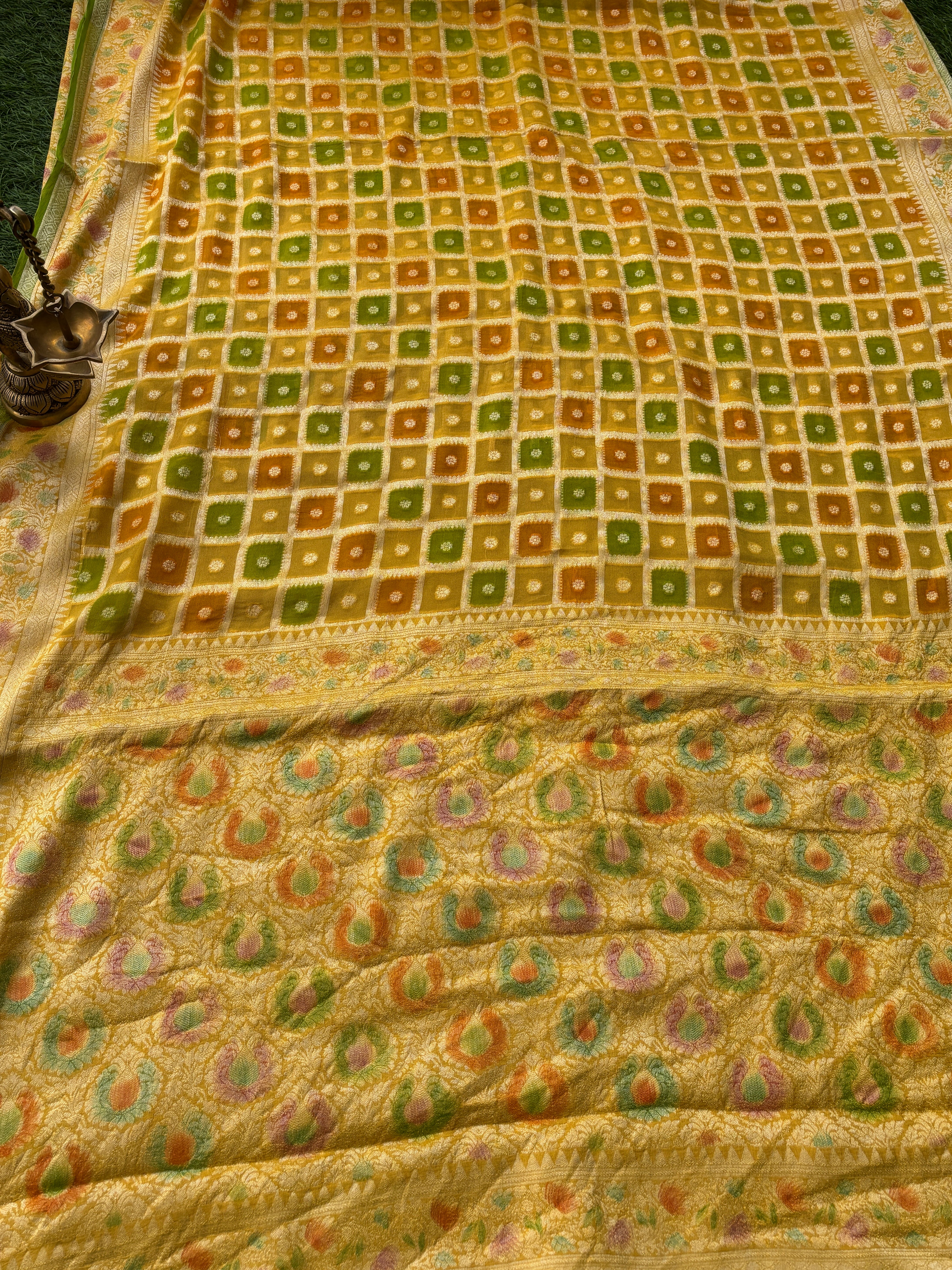 Lemon Yellow Khaddi Georgette Banarasi Saree with Allover Gharchola Design | Chandrika Lifestyles