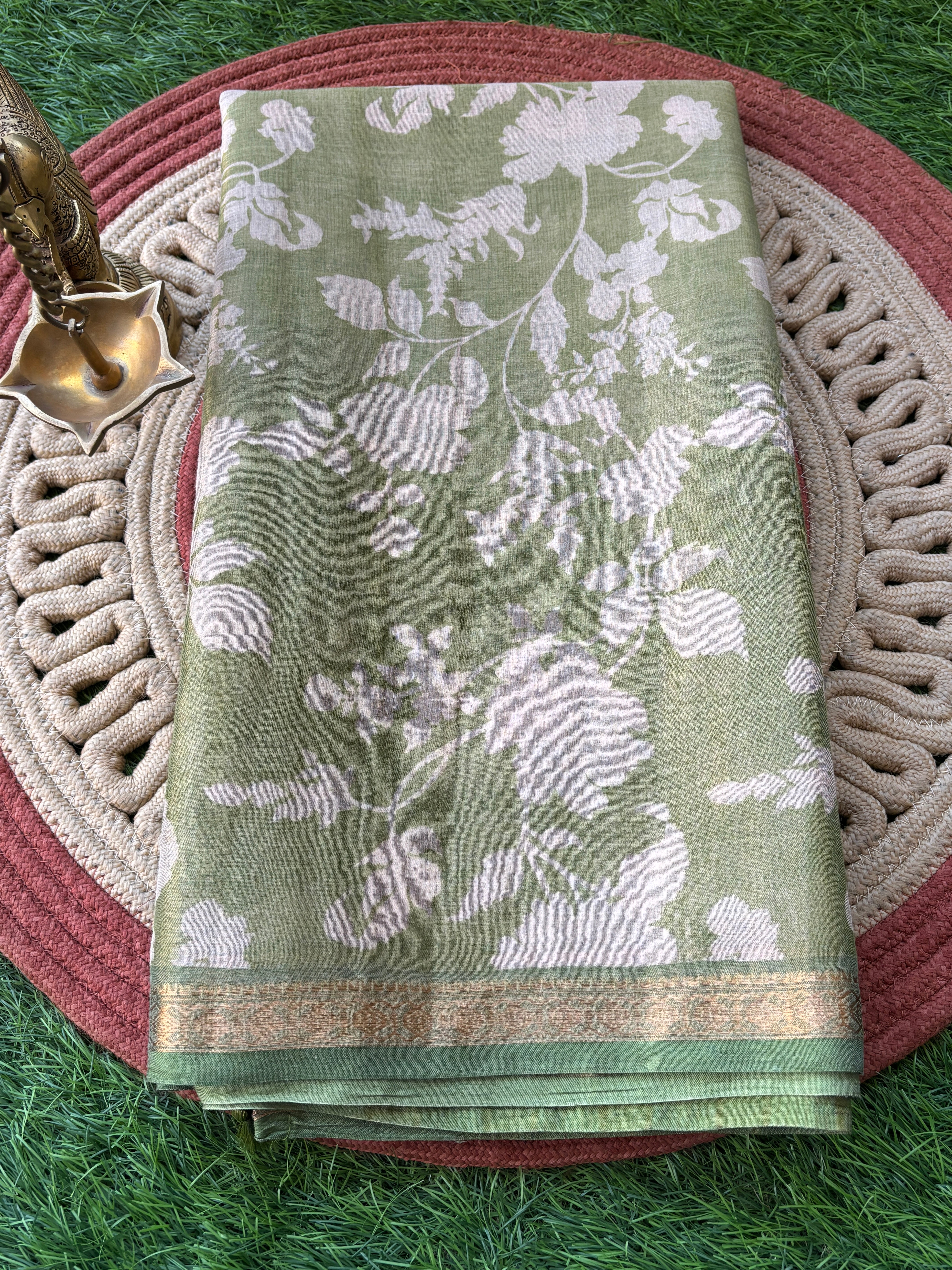 Olive Green Art Silk Saree with Allover Digital Print | Chandrika Lifestyles