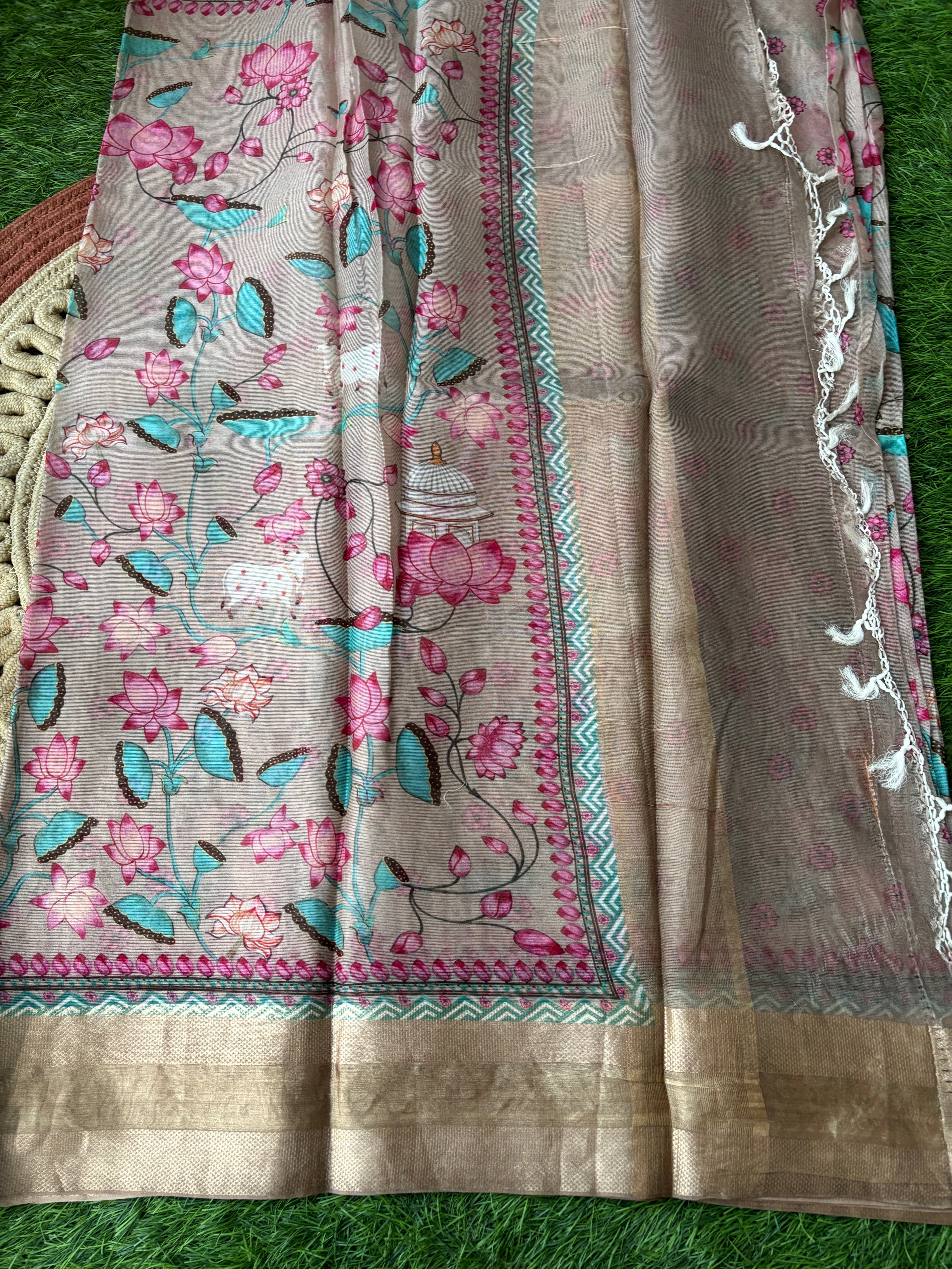 Beige Maheshwari Saree with All-Over Pichwai Painting