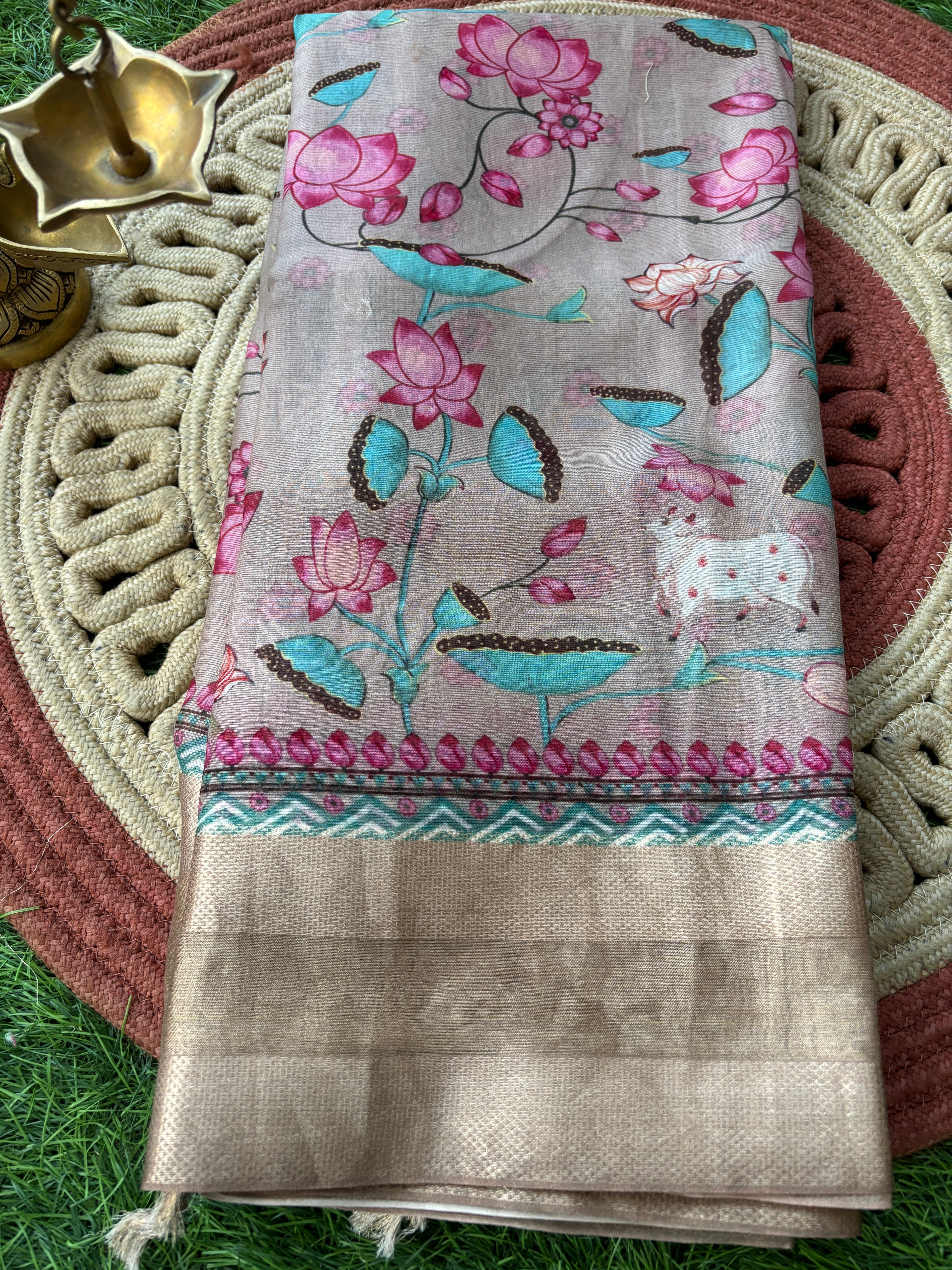 Beige Maheshwari Saree with All-Over Pichwai Painting