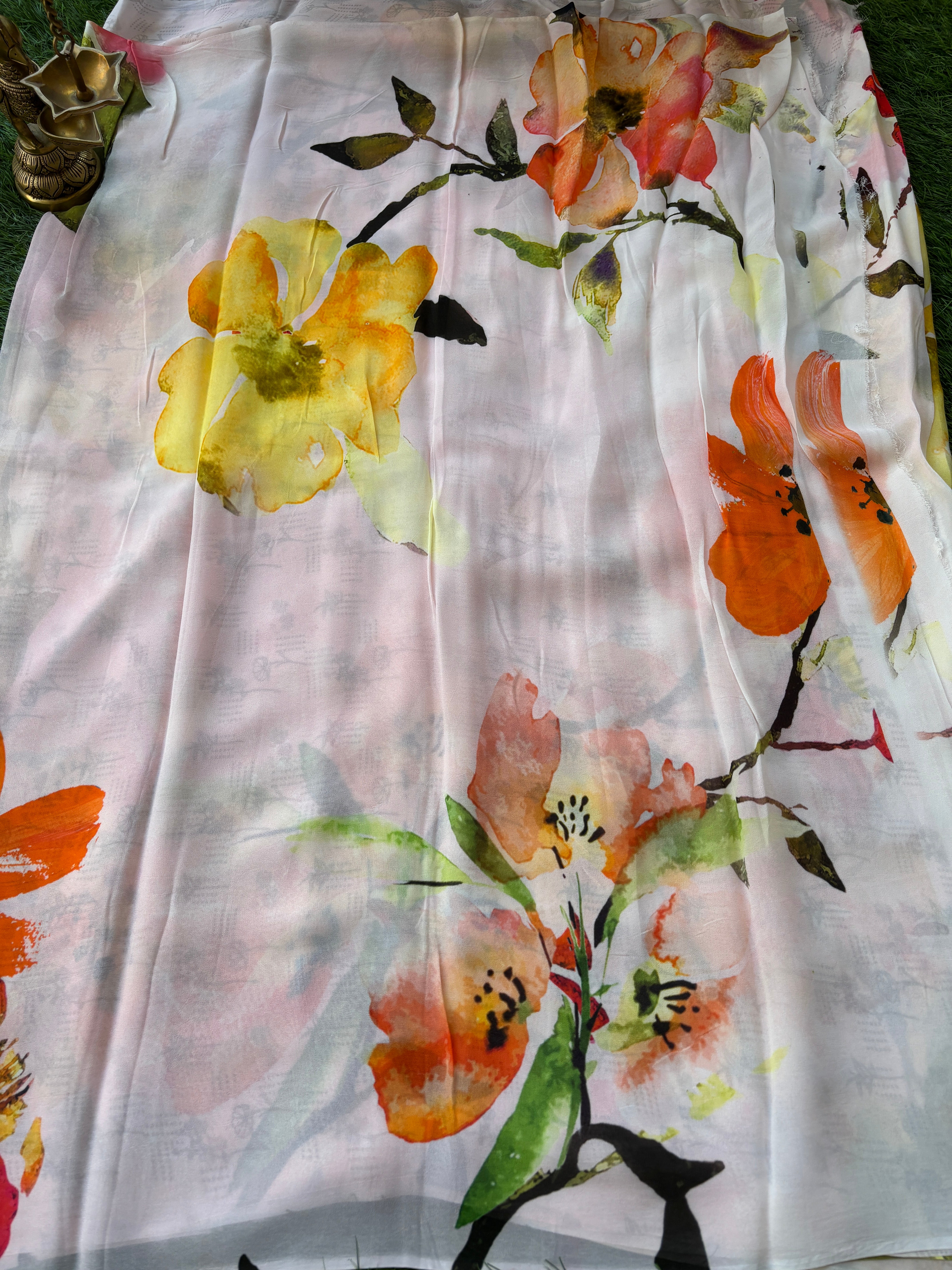 Off White Pure Crepe Silk Saree with Floral Digital Print