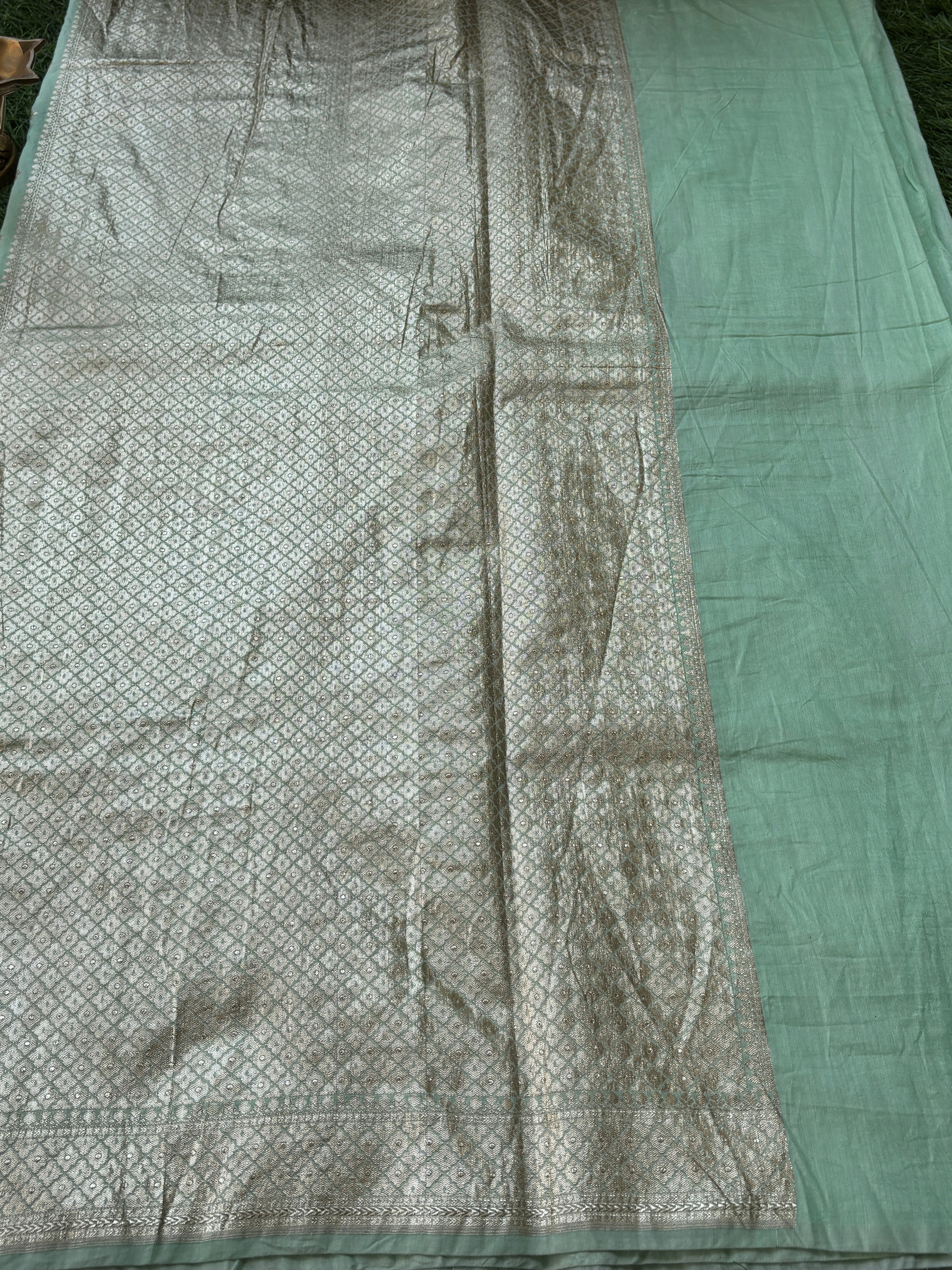 Mint Green Banarasi Mercerised Cotton Sare