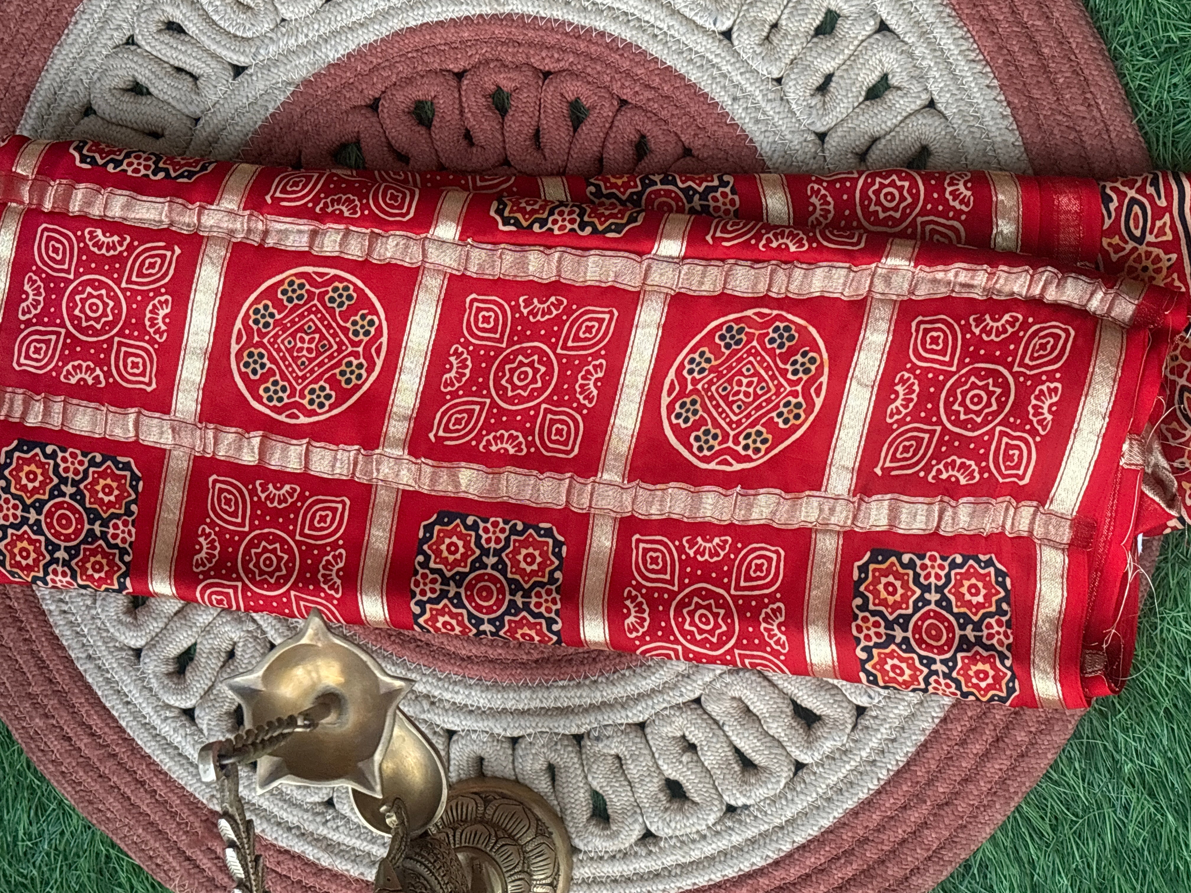 Ajrakh Red Gharchola Saree with traditional grid pattern by Chandrika Lifestyles