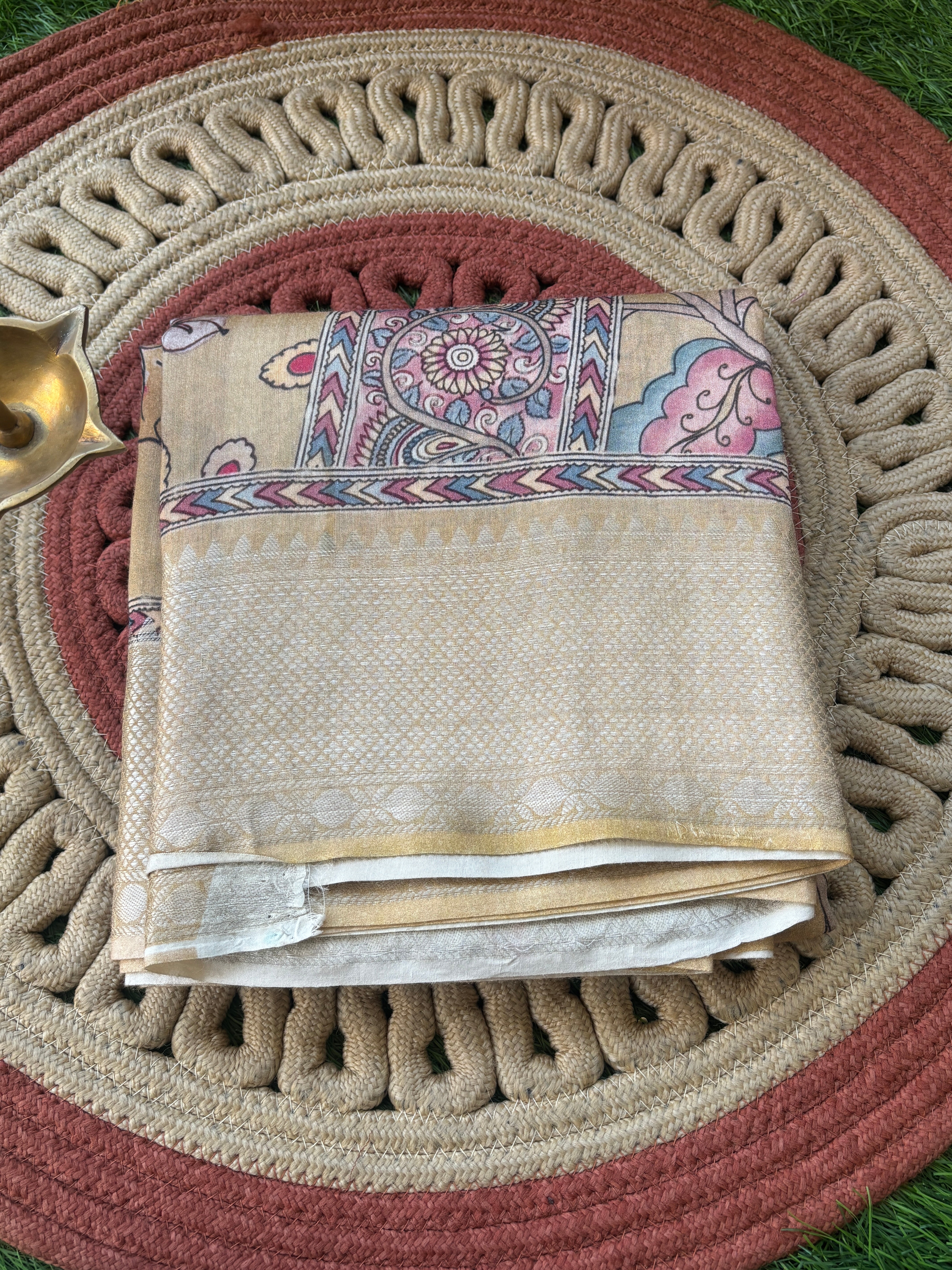 Beige Pure Munga Silk Saree with Digital Kalamkari Print & Zari Woven Pallu