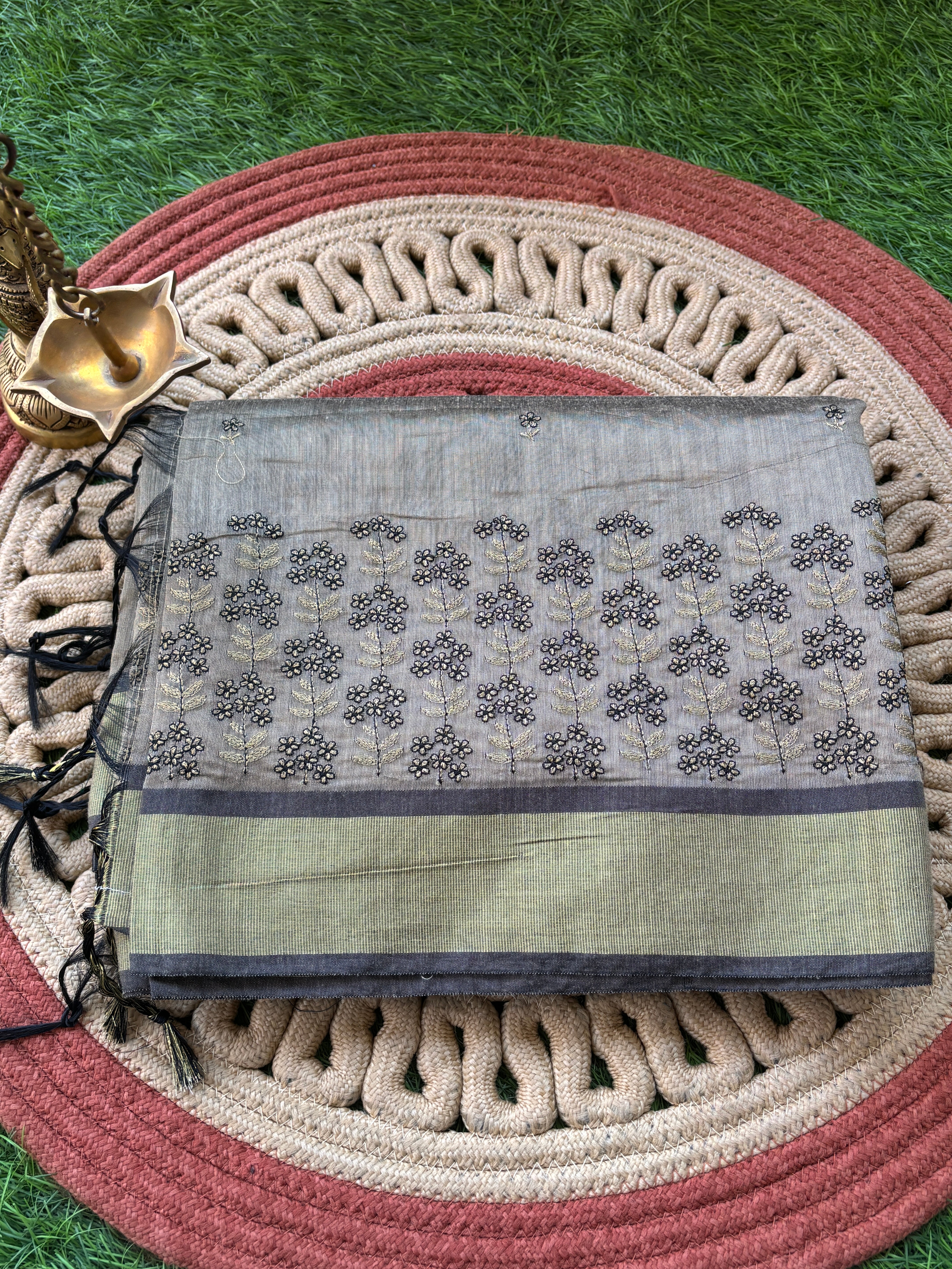 Grey Mercerized Cotton Saree with Allover Floral Thread Embroidery | Chandrika Lifestyles
