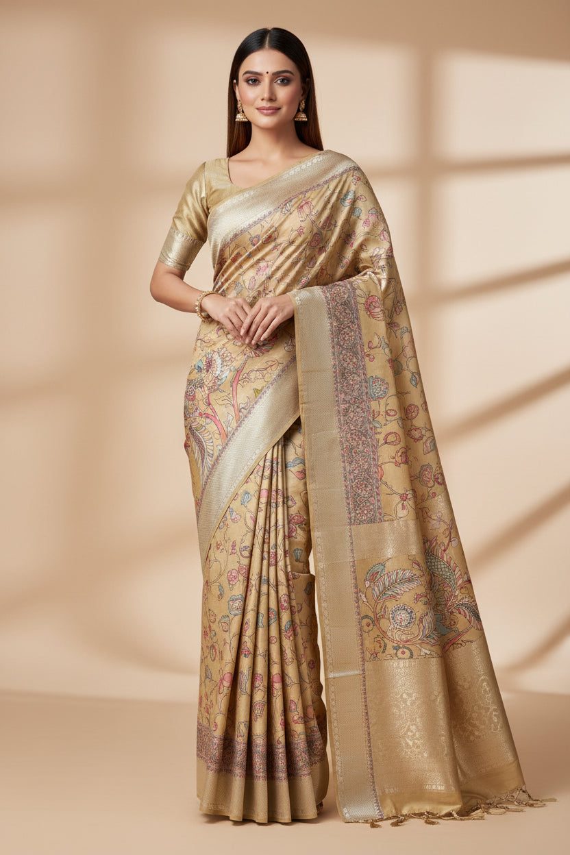 Beige Pure Munga Silk Saree with Digital Kalamkari Print & Zari Woven Pallu