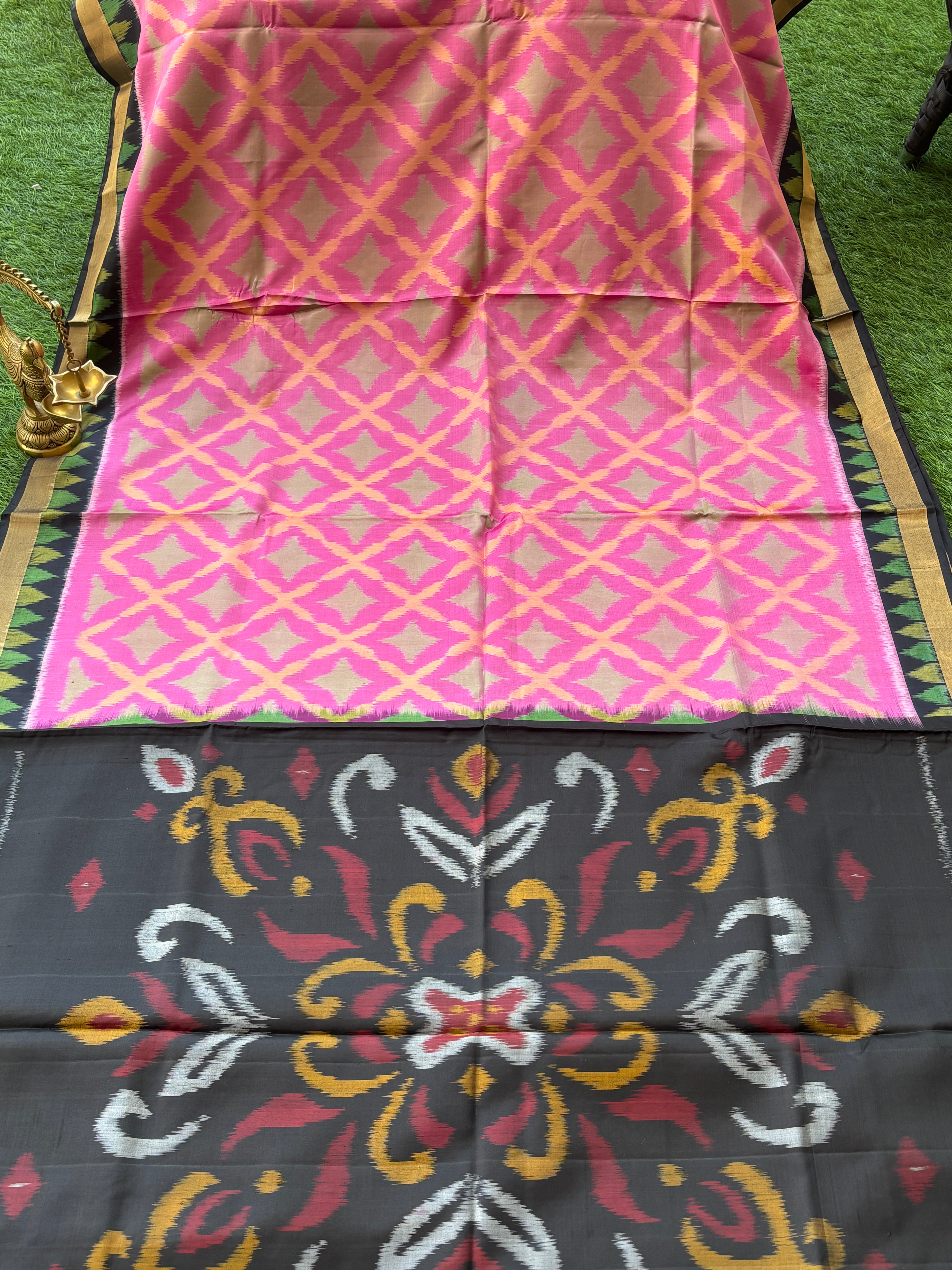 Pure Silk Jamuni (Purple-Pink) Ikat Saree with Black Border and Black Ikat Pallu