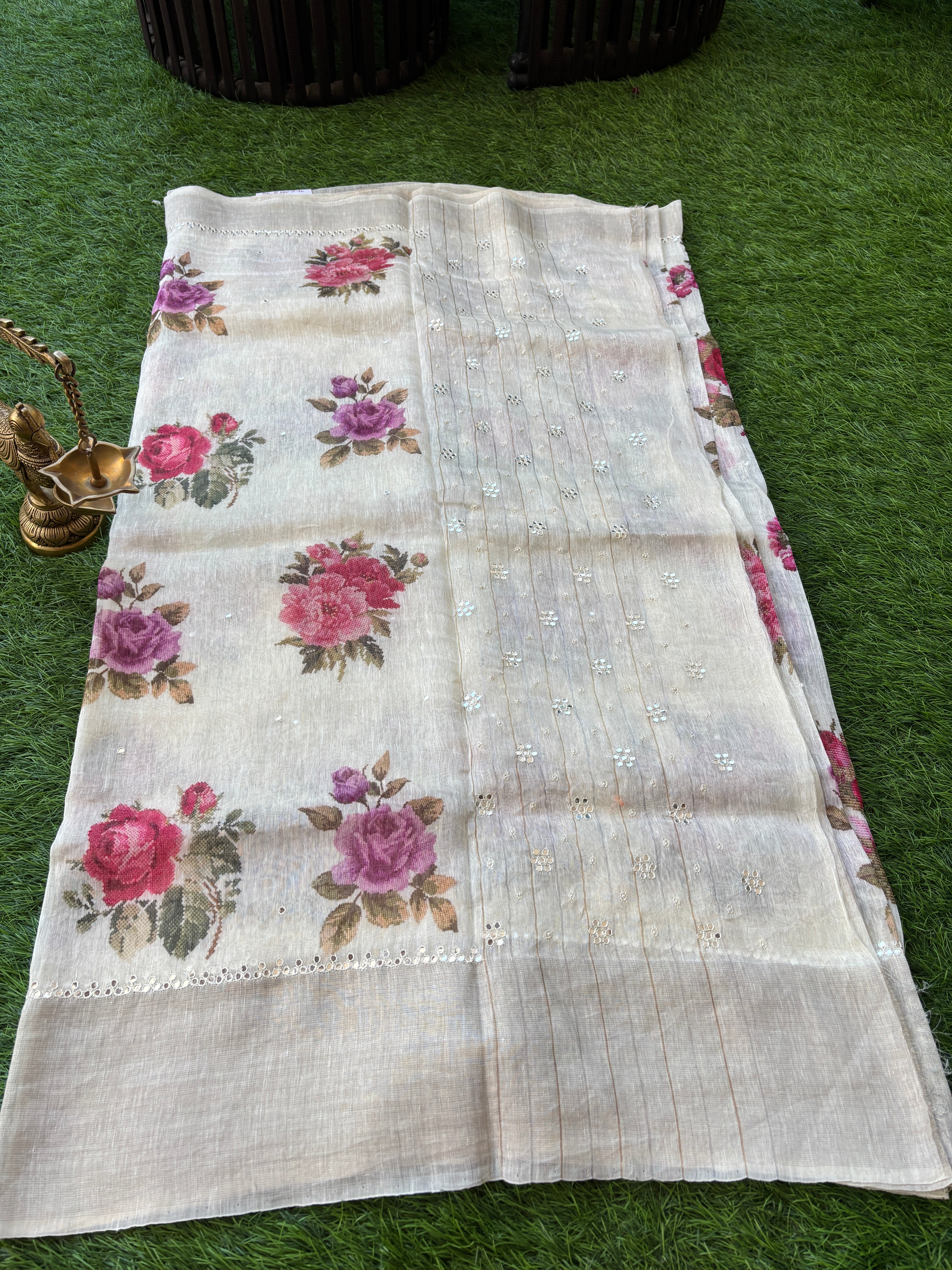 Off-White Pure Linen Saree with Allover Floral Digital Print | Chandrika Lifestyles