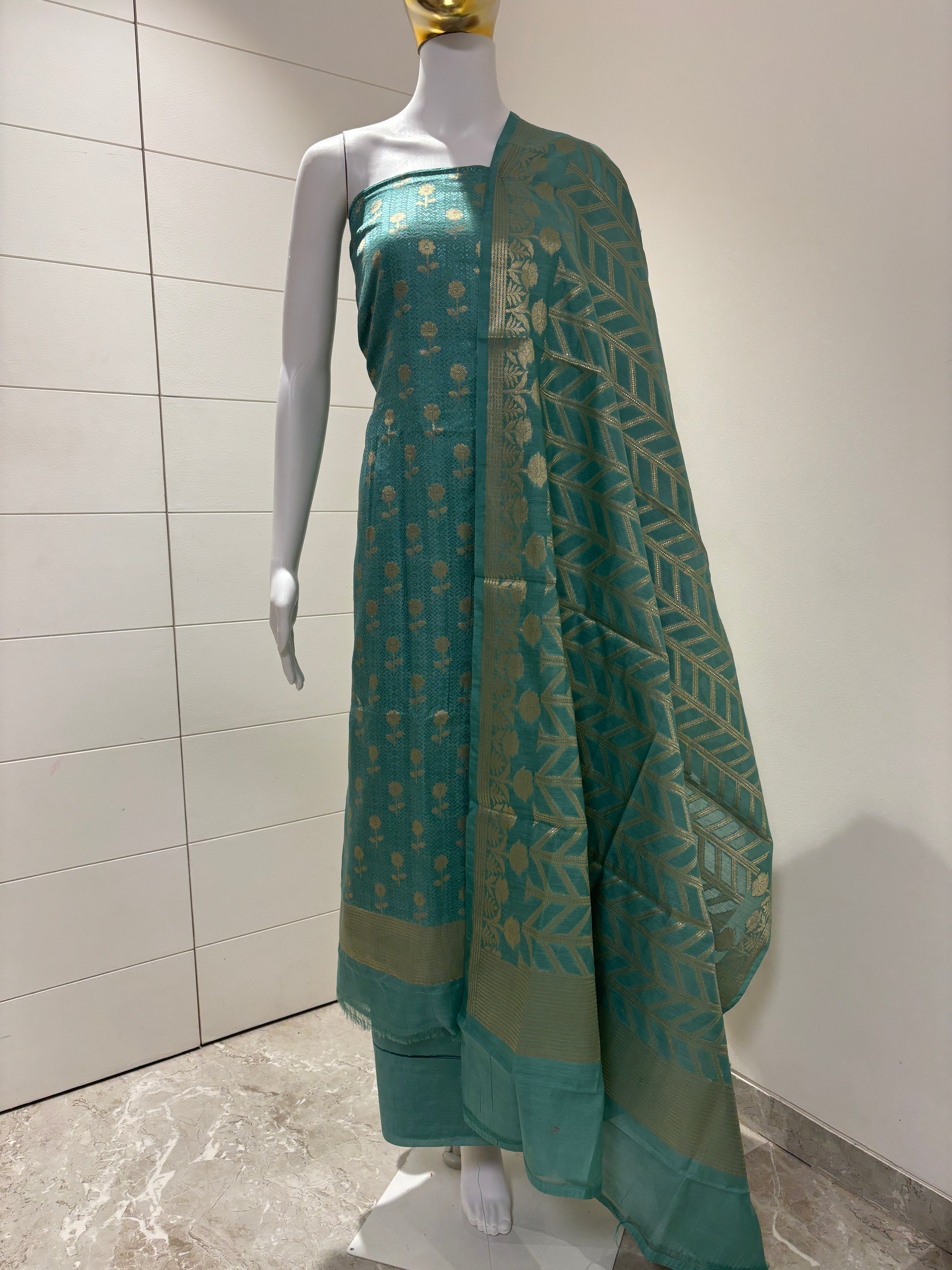Sea Green Banarasi Weaved Suit Material with Zari Butta & Matching Organza Banarasi Dupatta