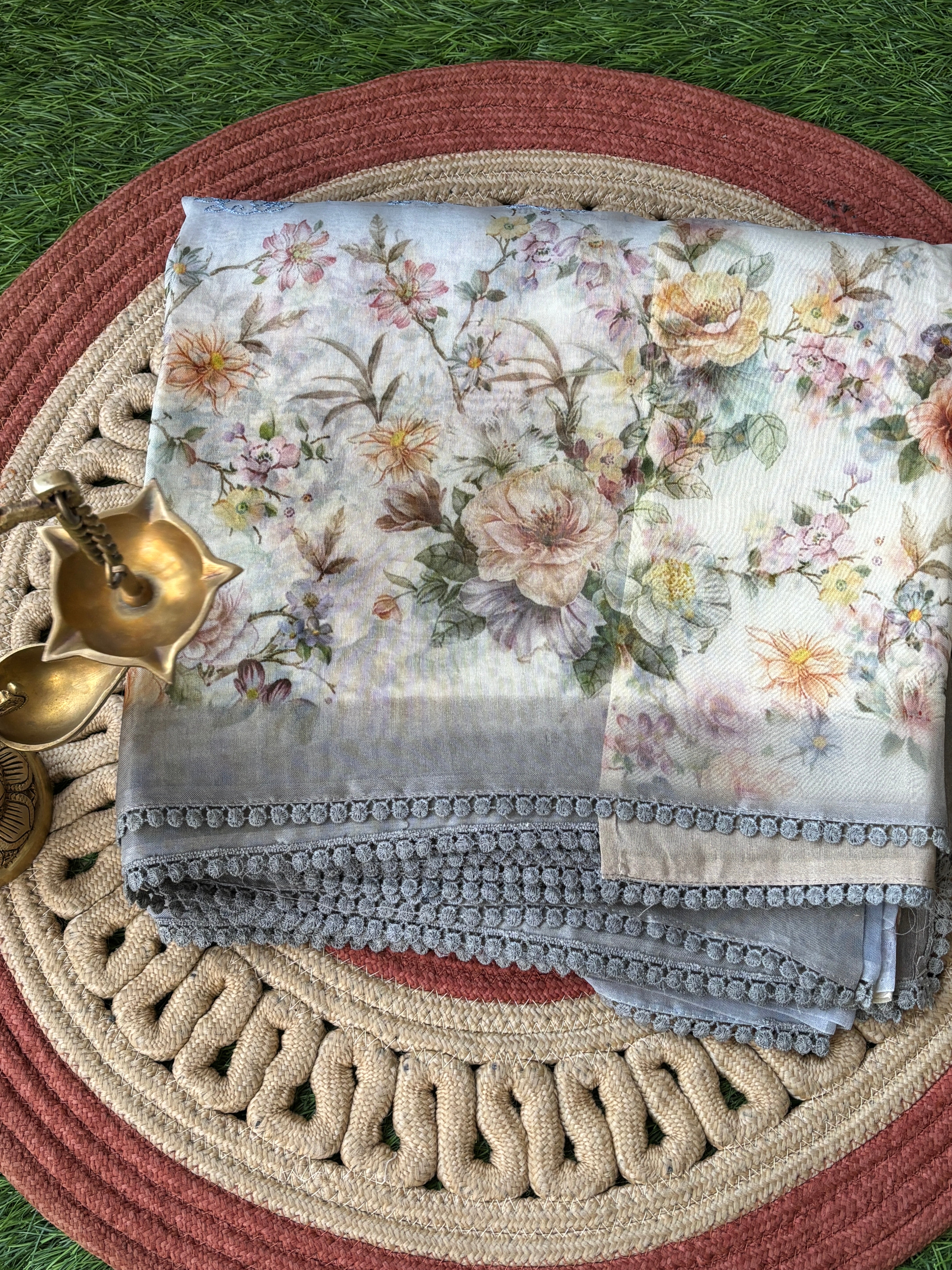 White & Sky Blue Pure Organza Saree with Thread Embroidery & Digital Print