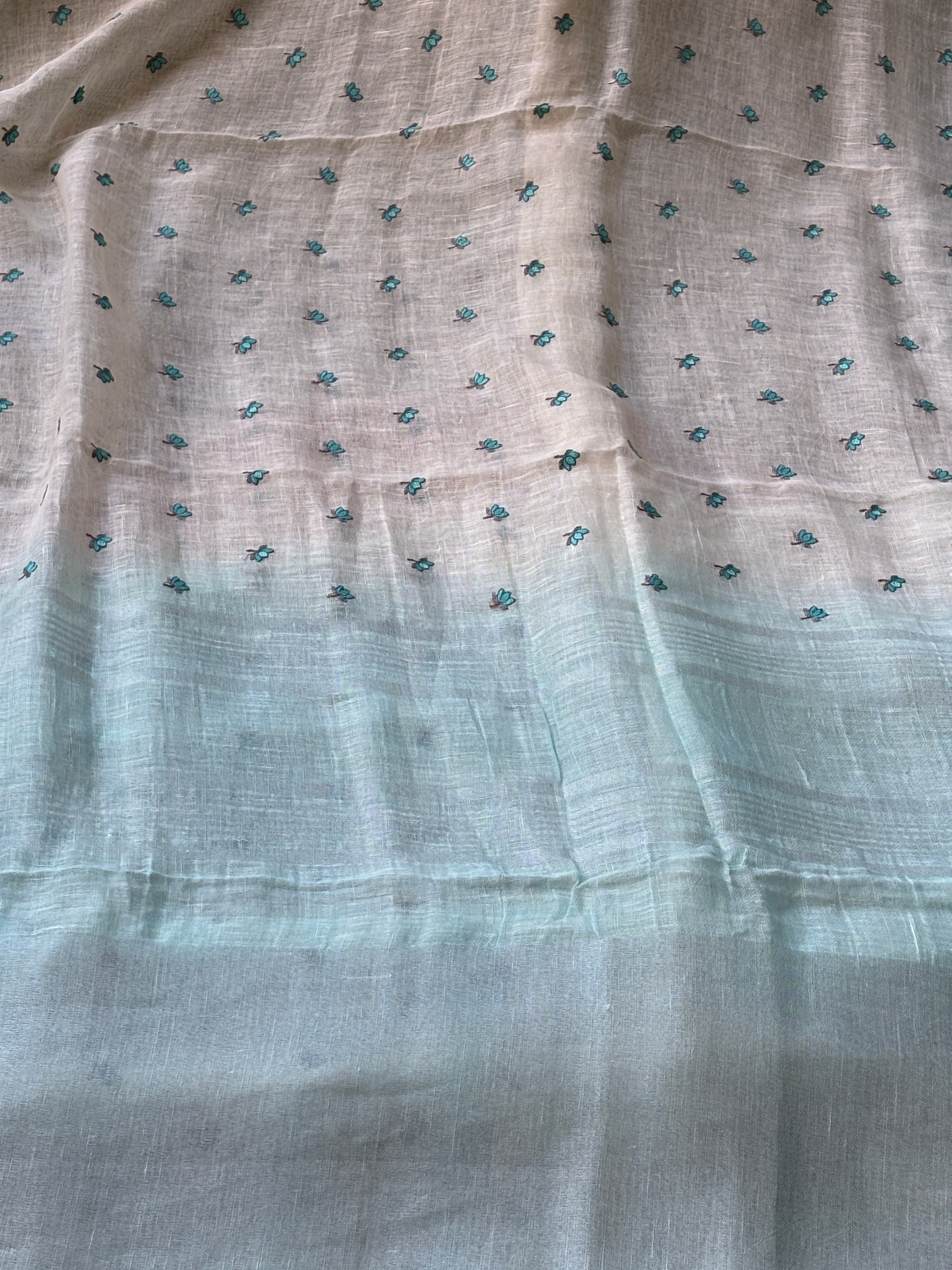 White & Blue Pure Linen Saree with Allover Embroidered Butti | Chandrika Lifestyles